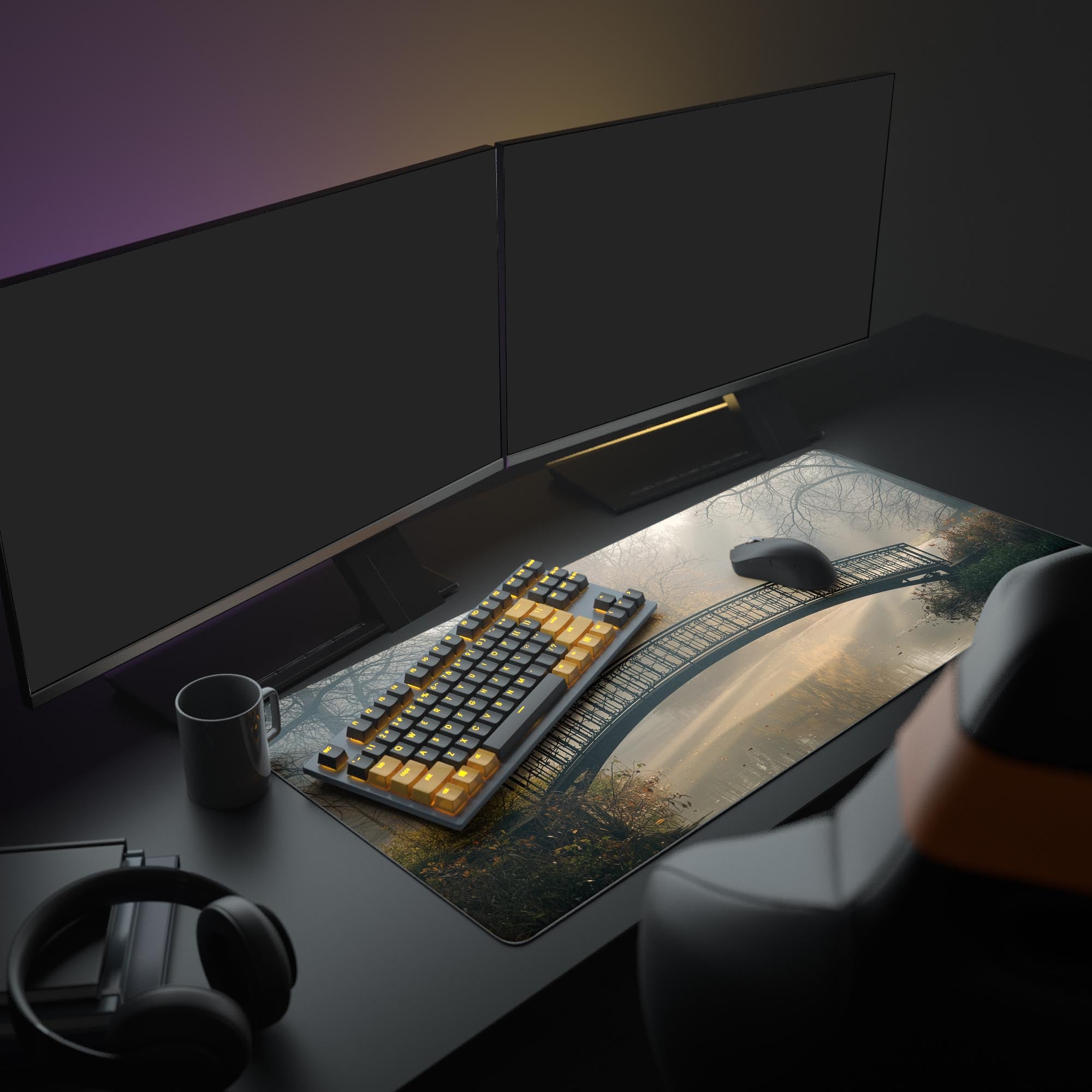 Large Golden Fog desk mat featuring a misty landscape in a full cozy desk setup with a monitor and a warm cup of coffee. - Epic Design Pads