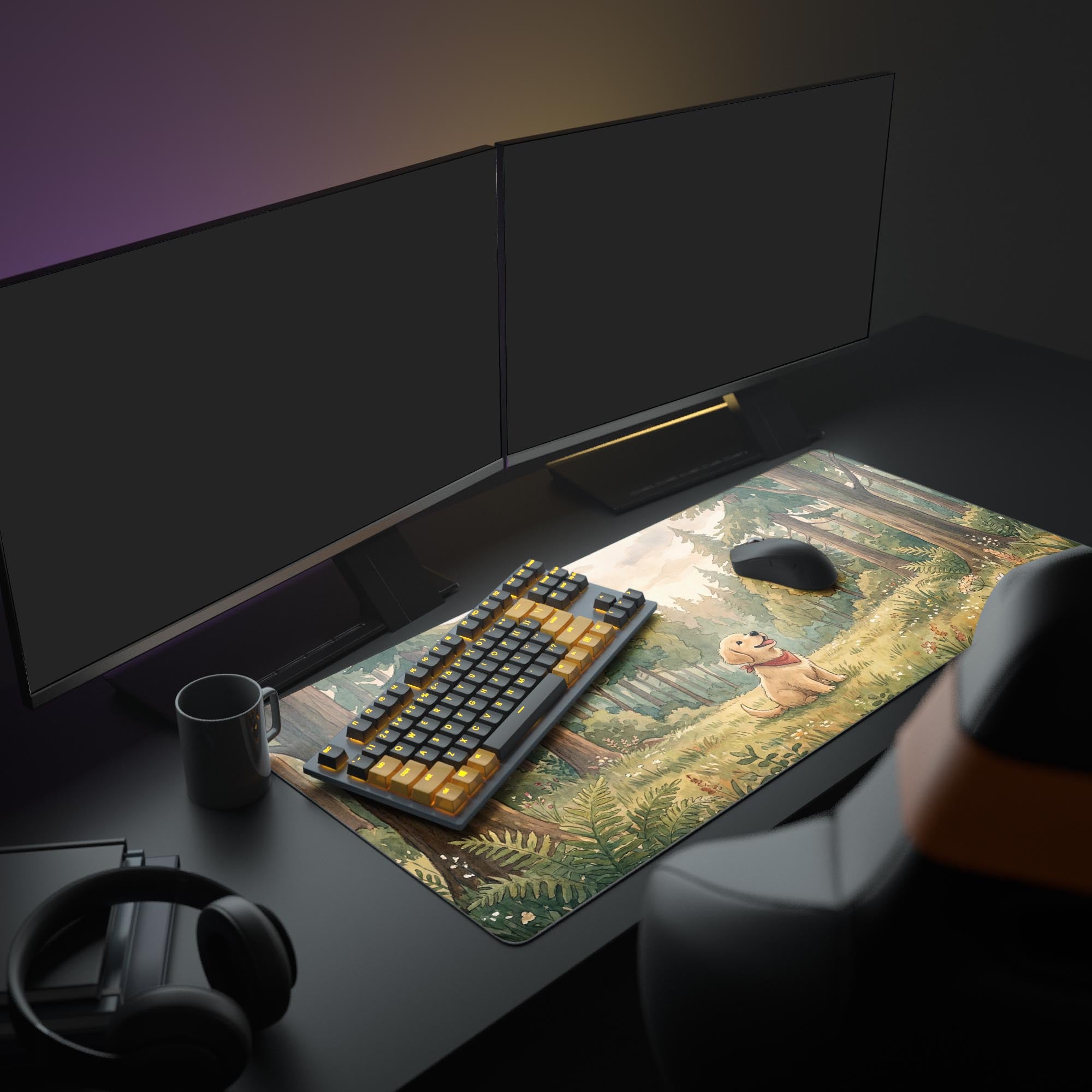 A cozy PC setup featuring the Golden Forest Scout gaming desk mat. The large mouse pad with a puppy design sits under a monitor, keyboard, and mouse, enhancing the workspace aesthetic. - Epic Design Pads & Mousepads
