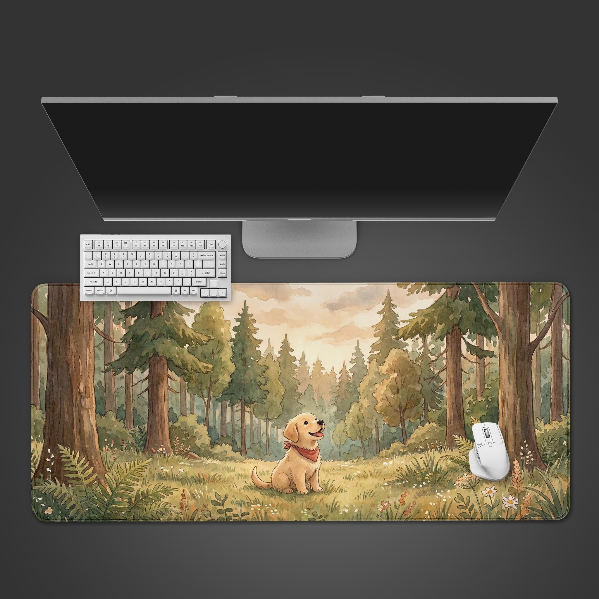 Top-down view of the Golden Forest Scout gaming desk mat, featuring a watercolor puppy in a forest, shown with a white keyboard and mouse on a dark surface. - Epic Design Pads & Mousepads