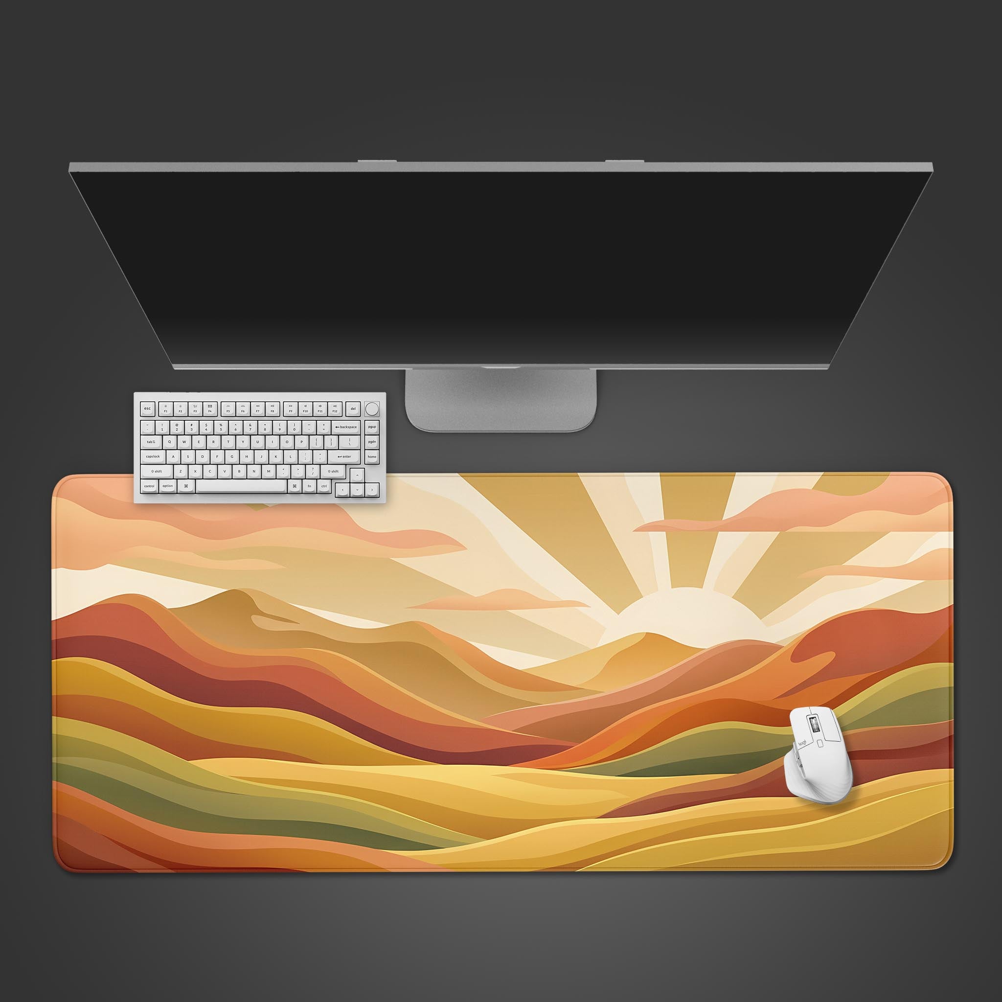 Top-down view of the Golden Horizon gaming desk mat, showcasing its warm landscape design with a white keyboard and mouse on a dark surface. - Epic Design Pads & Mousepads