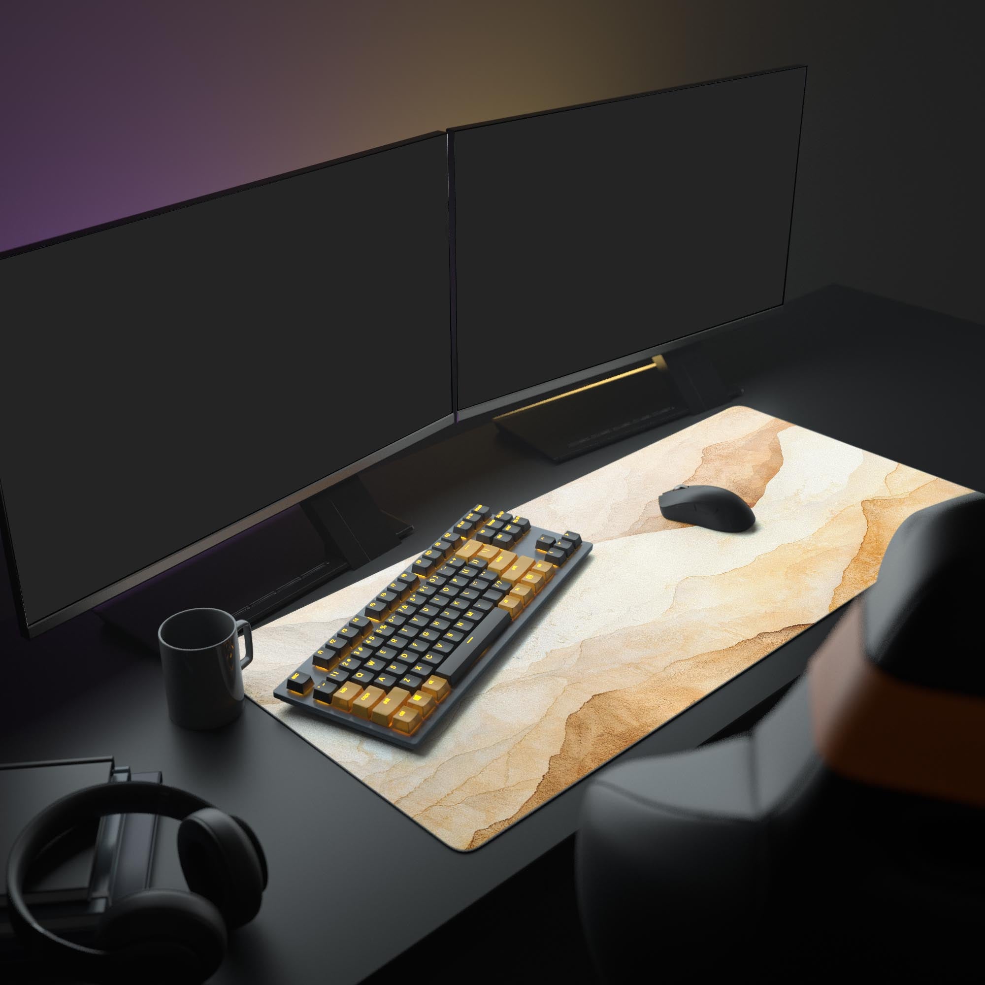 Large Golden Horizons watercolor desk mat shown in a minimalist office setup with dual monitors, a mechanical keyboard, and headphones, creating a serene aesthetic. - Epic Design Pads & Mousepads