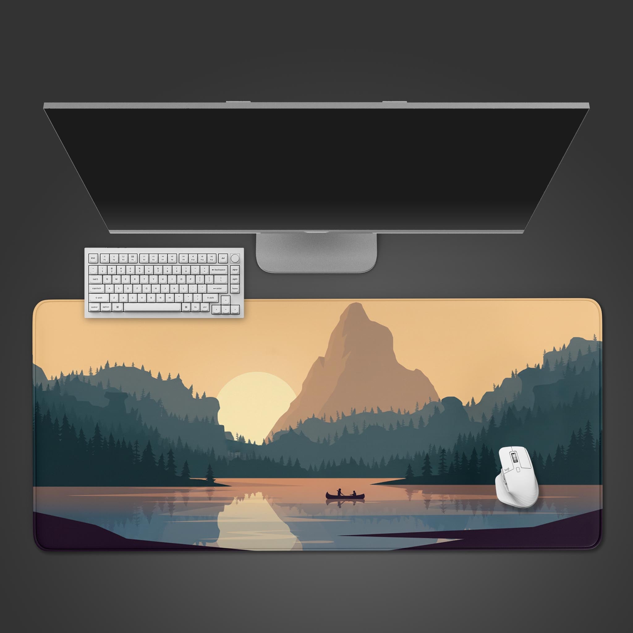 Tranquil desk mat with Golden Hour landscape design – desktop view with keyboard and mouse. - Epic Design Pads