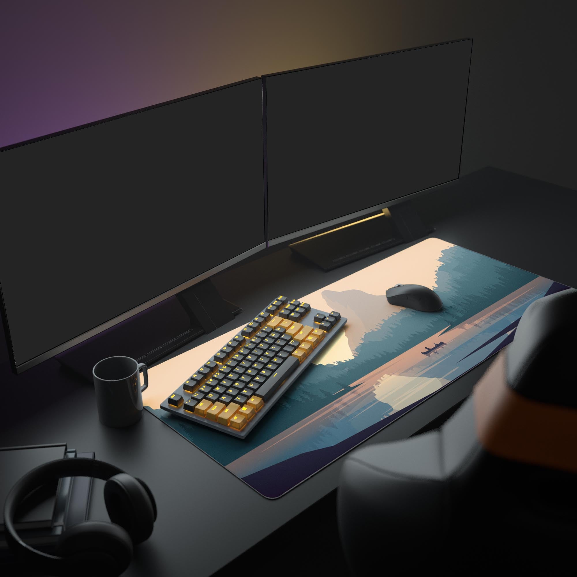 Golden Hour desk mat in a modern setup with dual monitors, keyboard, and mouse – sense of workspace tranquility. - Epic Design Pads
