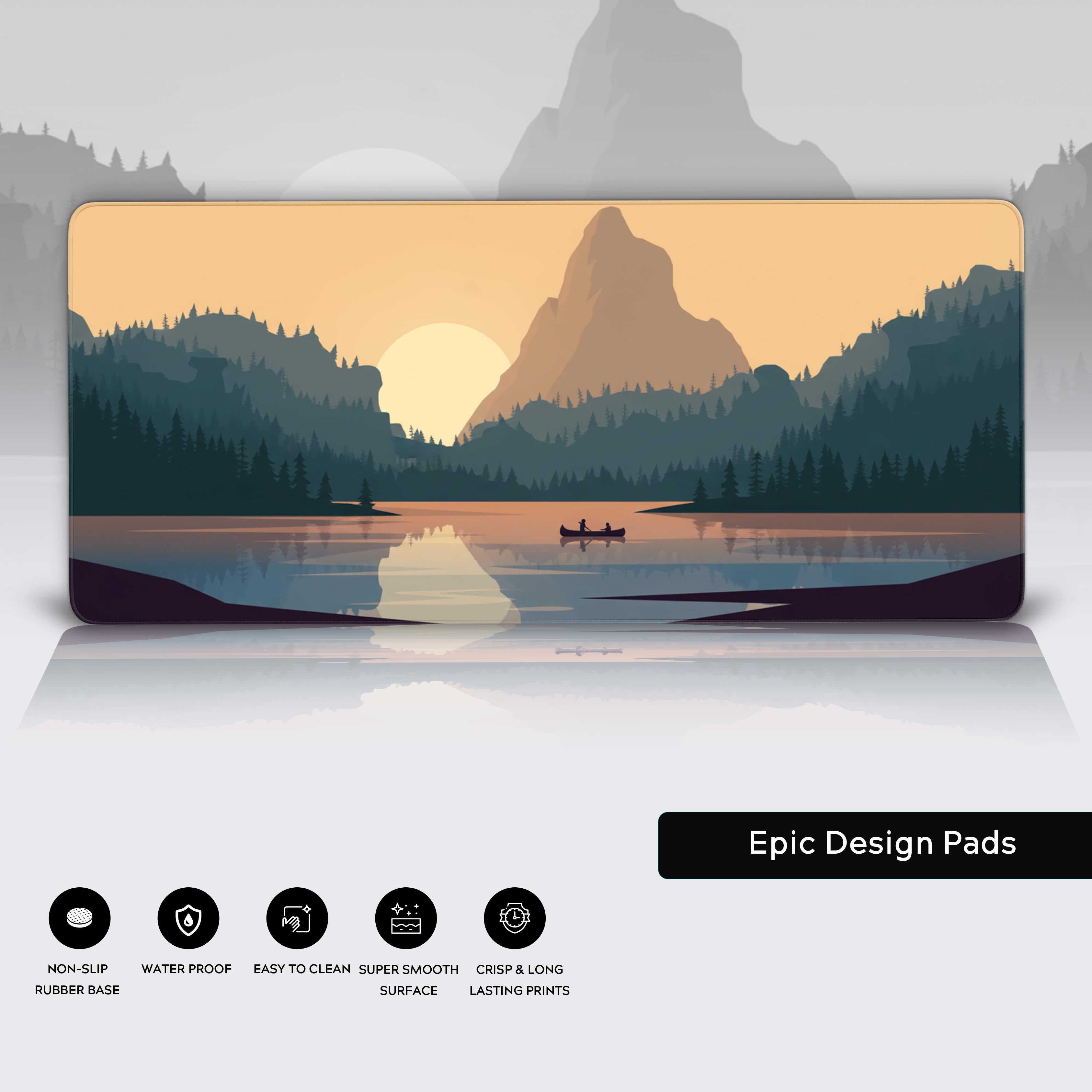 Desk mat with Golden Hour minimalist landscape design – stitched edges, non-slip base, water-resistant material. - Epic Design Pads