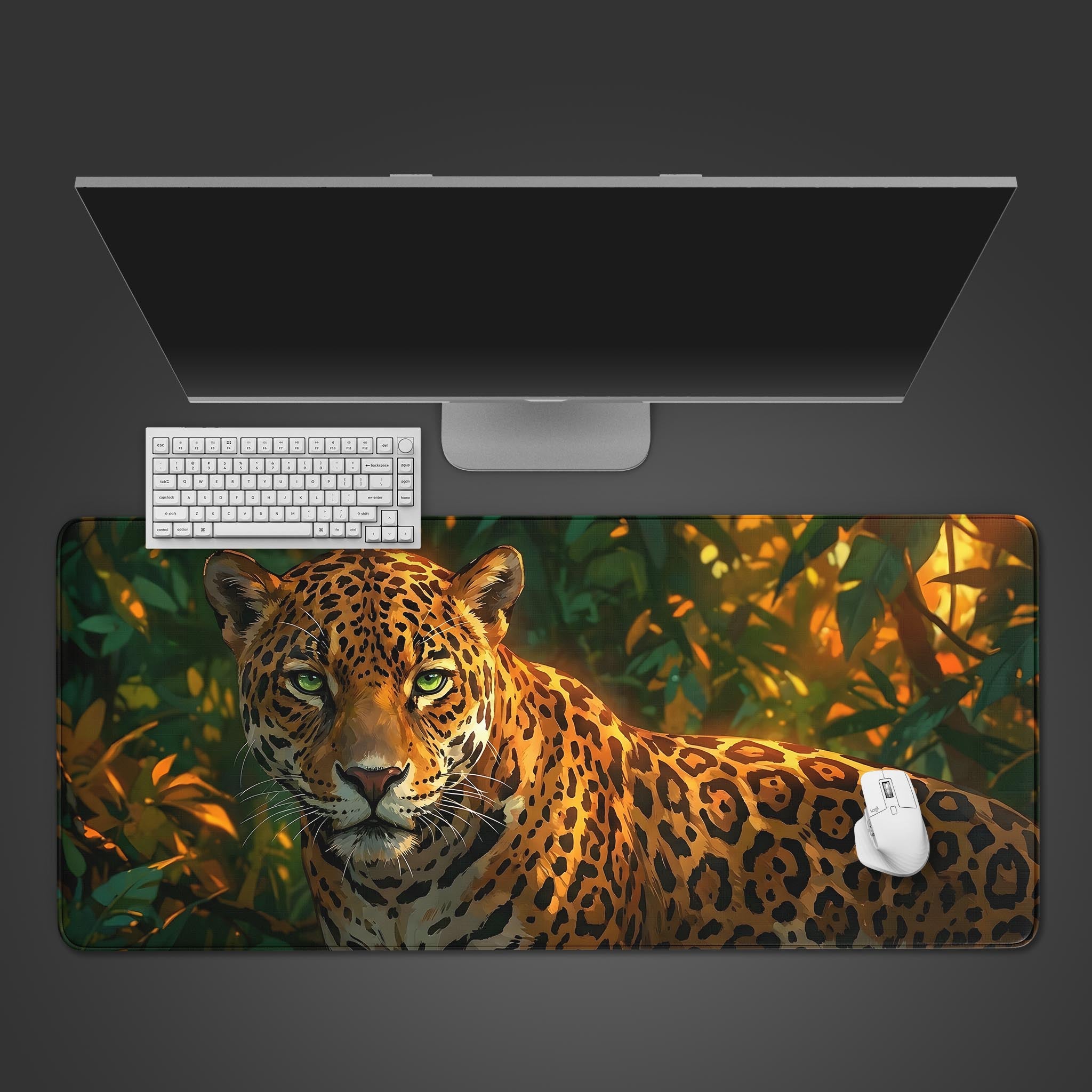 Golden Jungle jaguar desk mat showing a top-down view on a desk with a keyboard and mouse. - Epic Design Pads & Mousepads