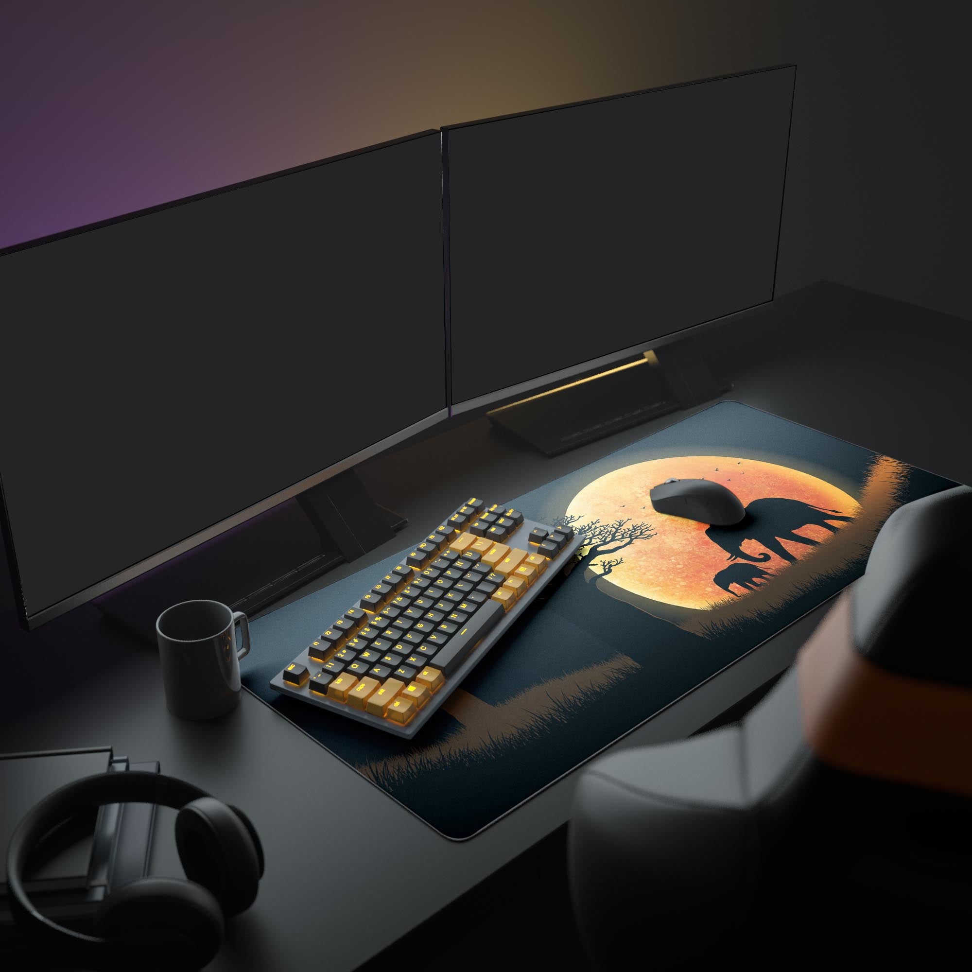 A modern computer setup featuring the Golden March elephant mouse pad, enhancing the workspace with its striking nature-themed design. - Epic Design Pads & Mousepads