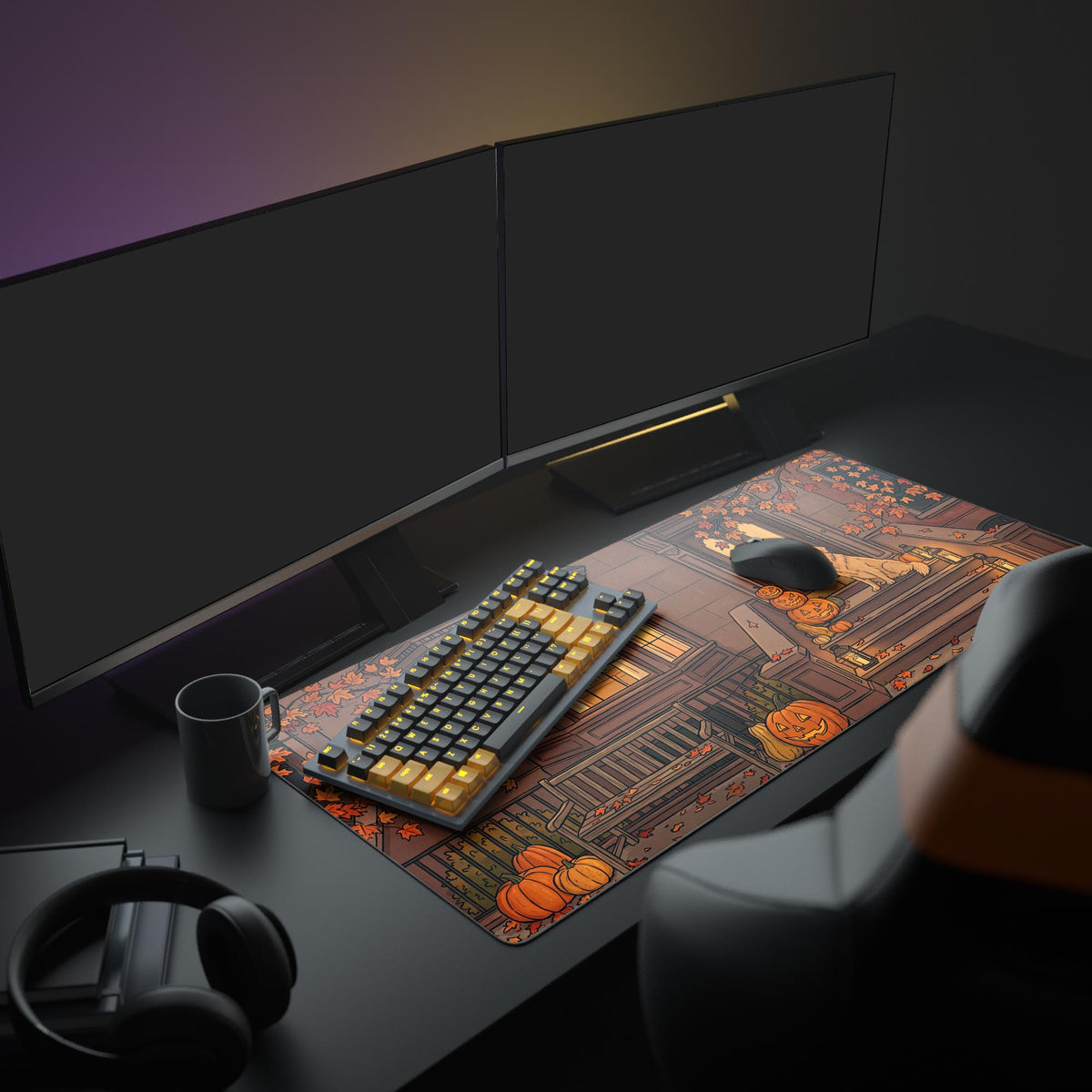 Close-up of the autumn desk mat artwork showing illuminated bay windows and scattered orange fall leaves on a wooden bench.