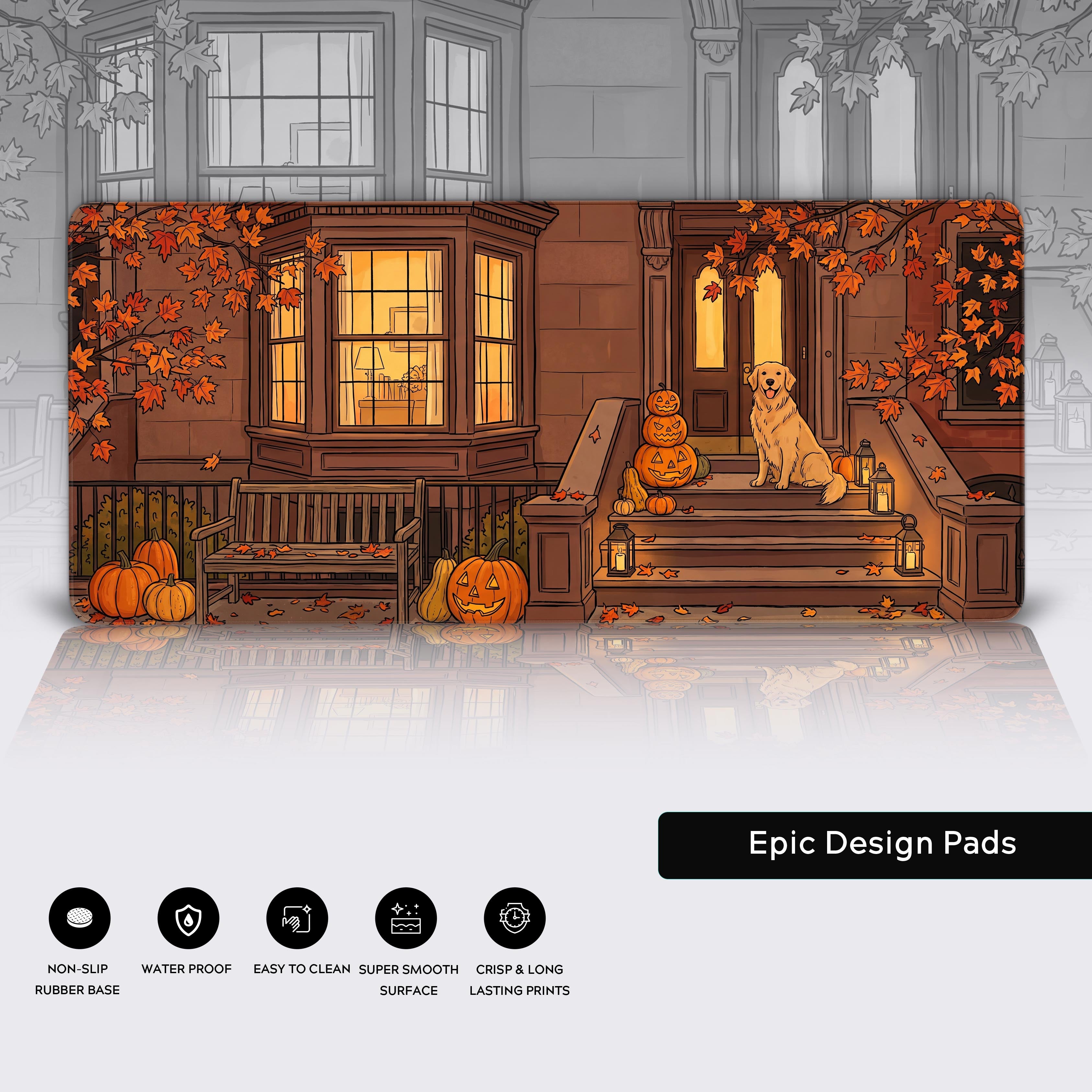 Full view of the cozy fall desk mat with icons underneath highlighting waterproof, non-slip, and smooth surface features.