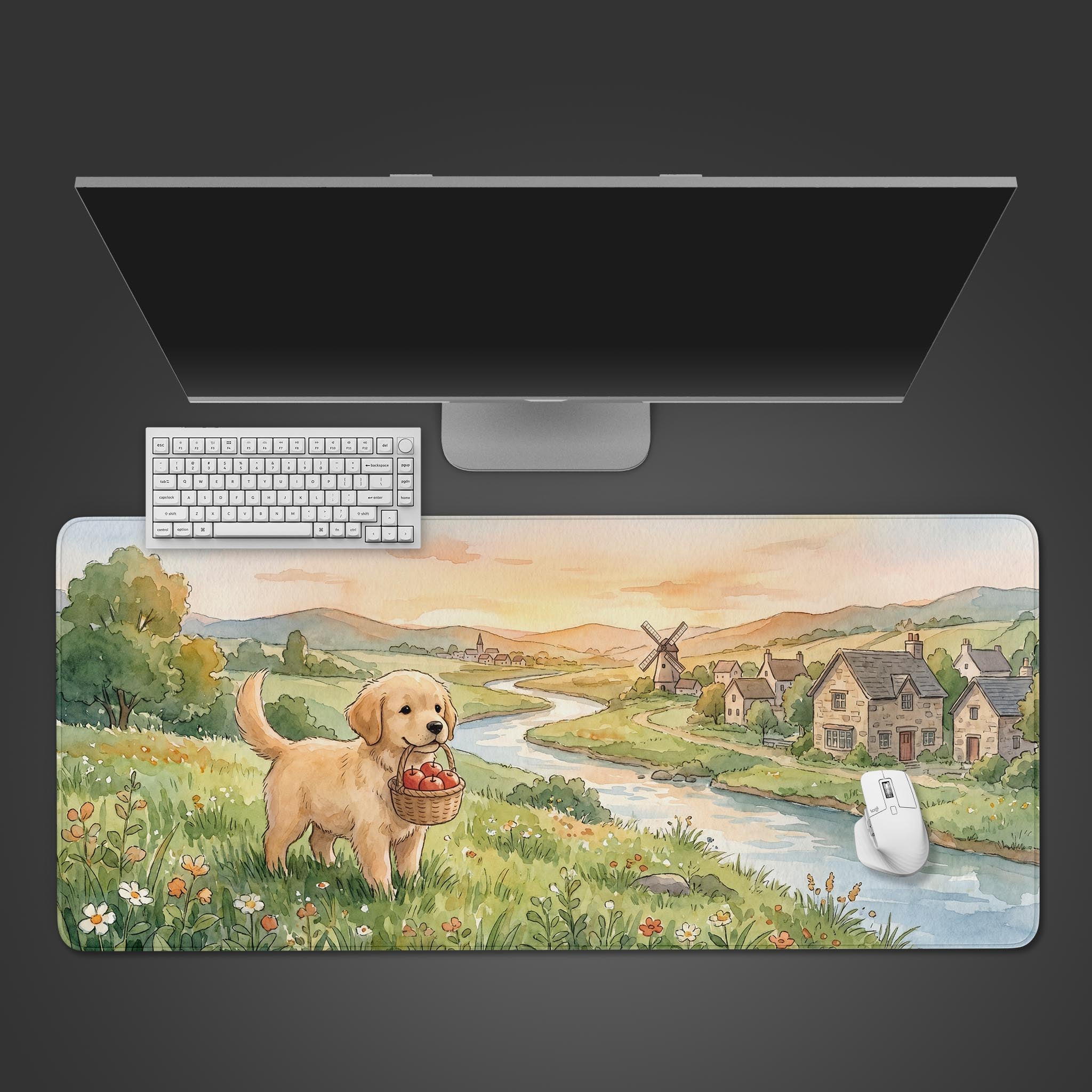 Watercolor golden retriever desk mat with a dog holding an apple basket in a village setting