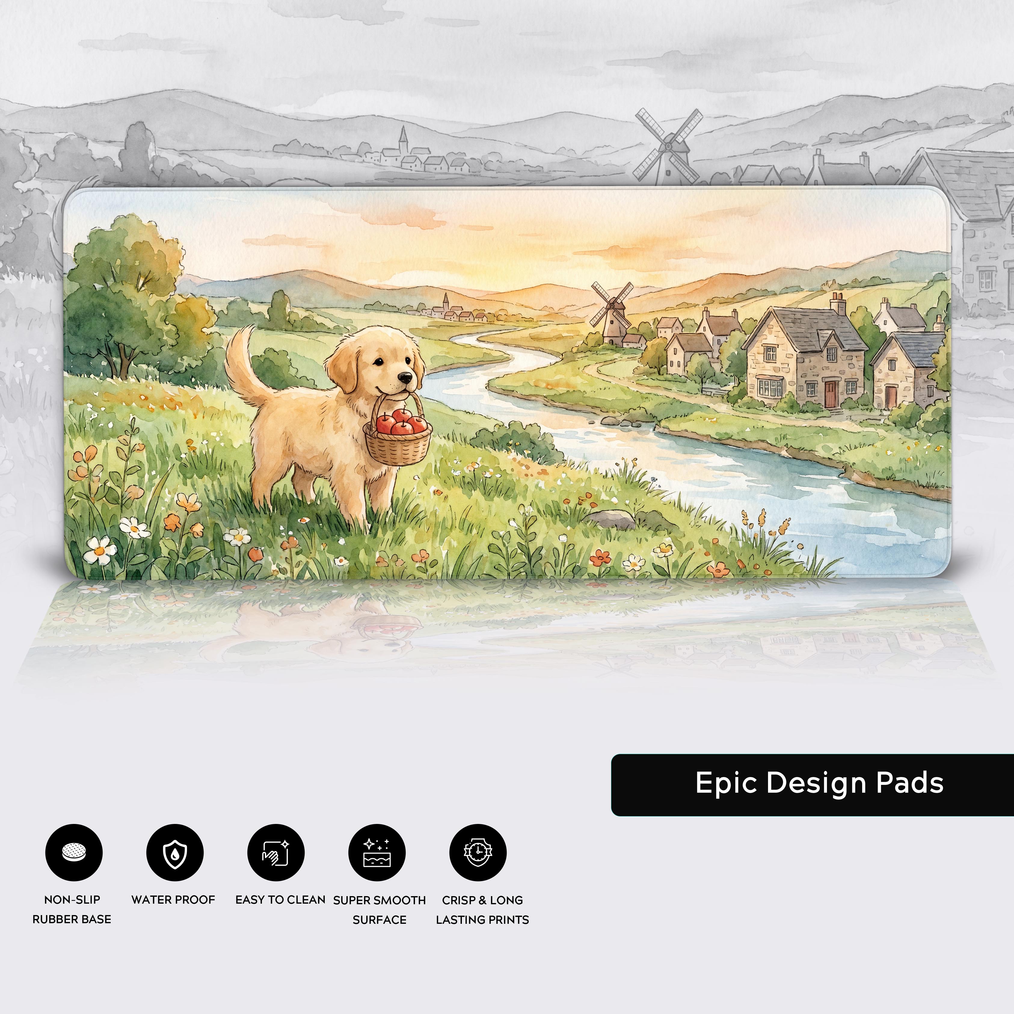 Epic Design Pads desk mat displaying water-proof and easy-to-clean features with cottagecore art
