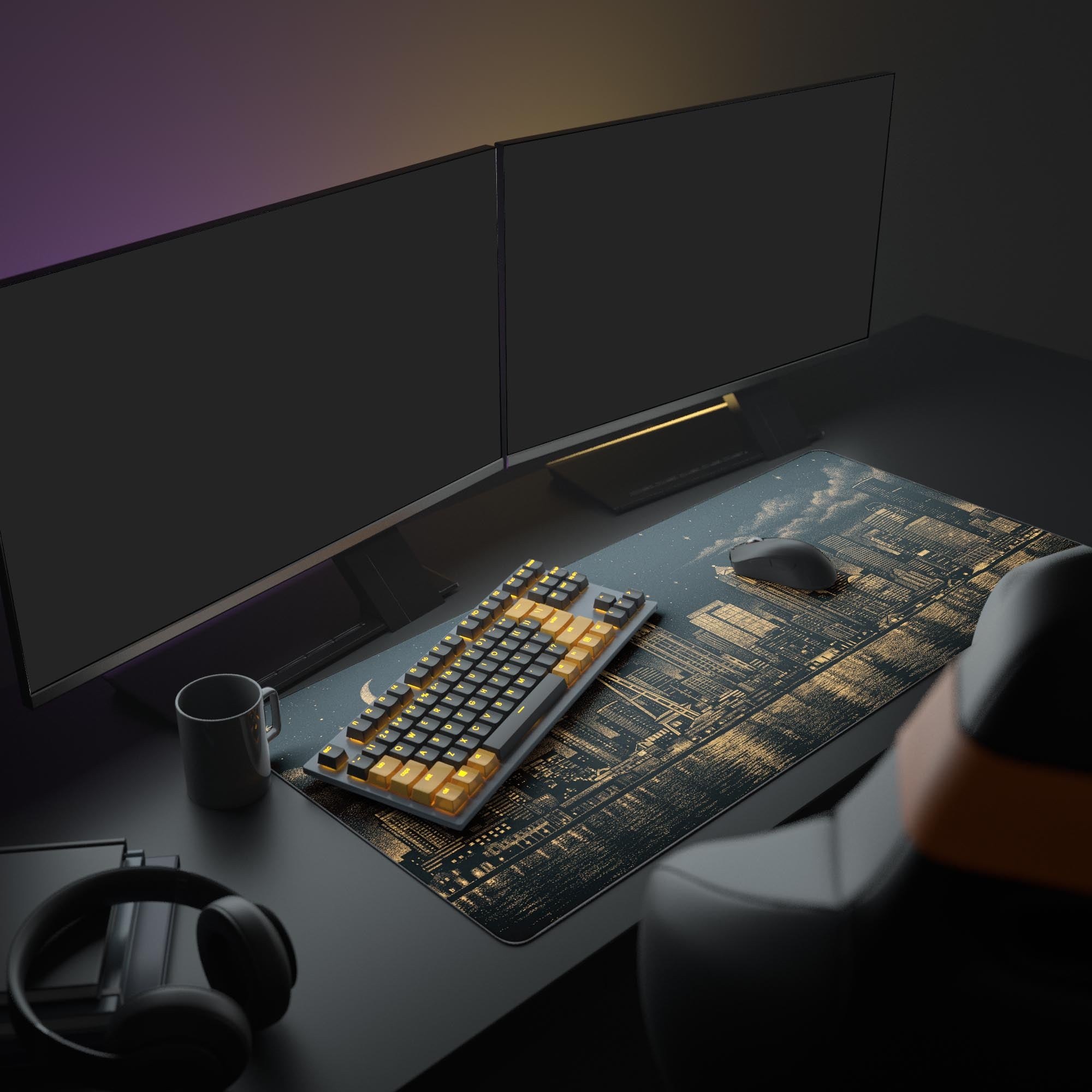 A complete desk setup showcasing the Golden Skyline mouse pad, with dual monitors, a mechanical keyboard, and a mouse, creating a sophisticated urban aesthetic. - Epic Design Pads & Mousepads