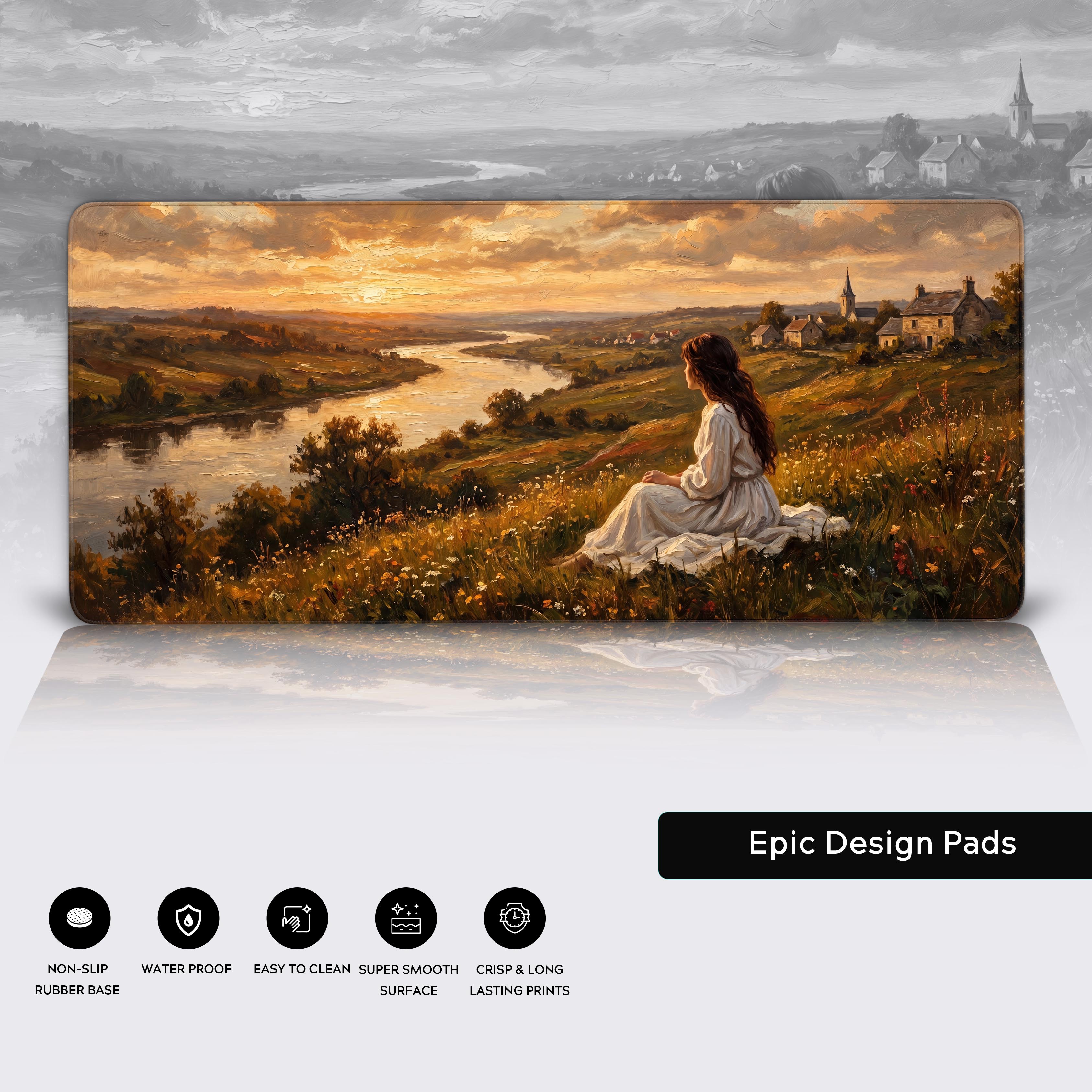 Wide view of the fine art desk mat with golden hour lighting, perfect for aesthetic cottagecore desk setups