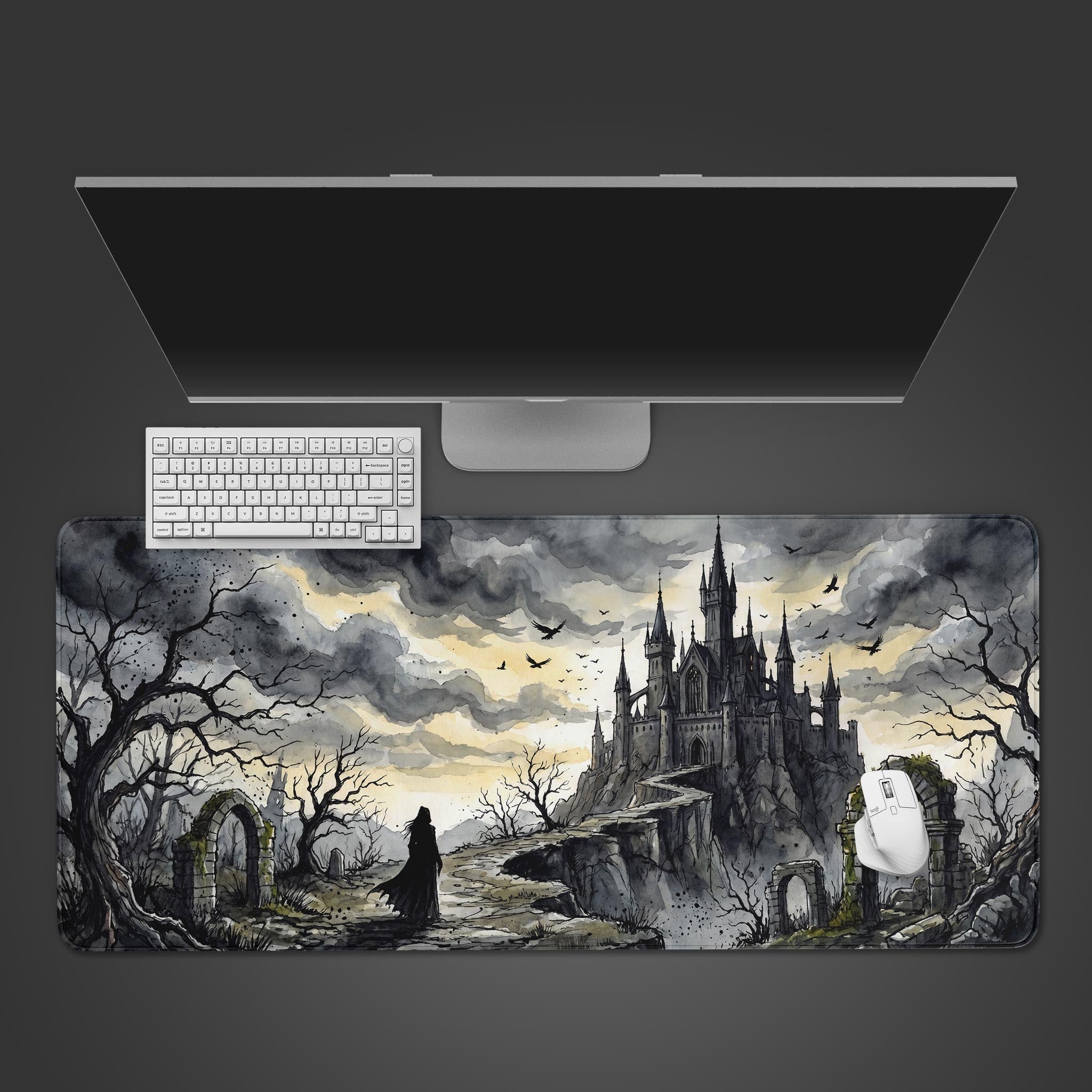 Watercolor dark fantasy gothic castle desk mat featuring a cloaked figure on a path