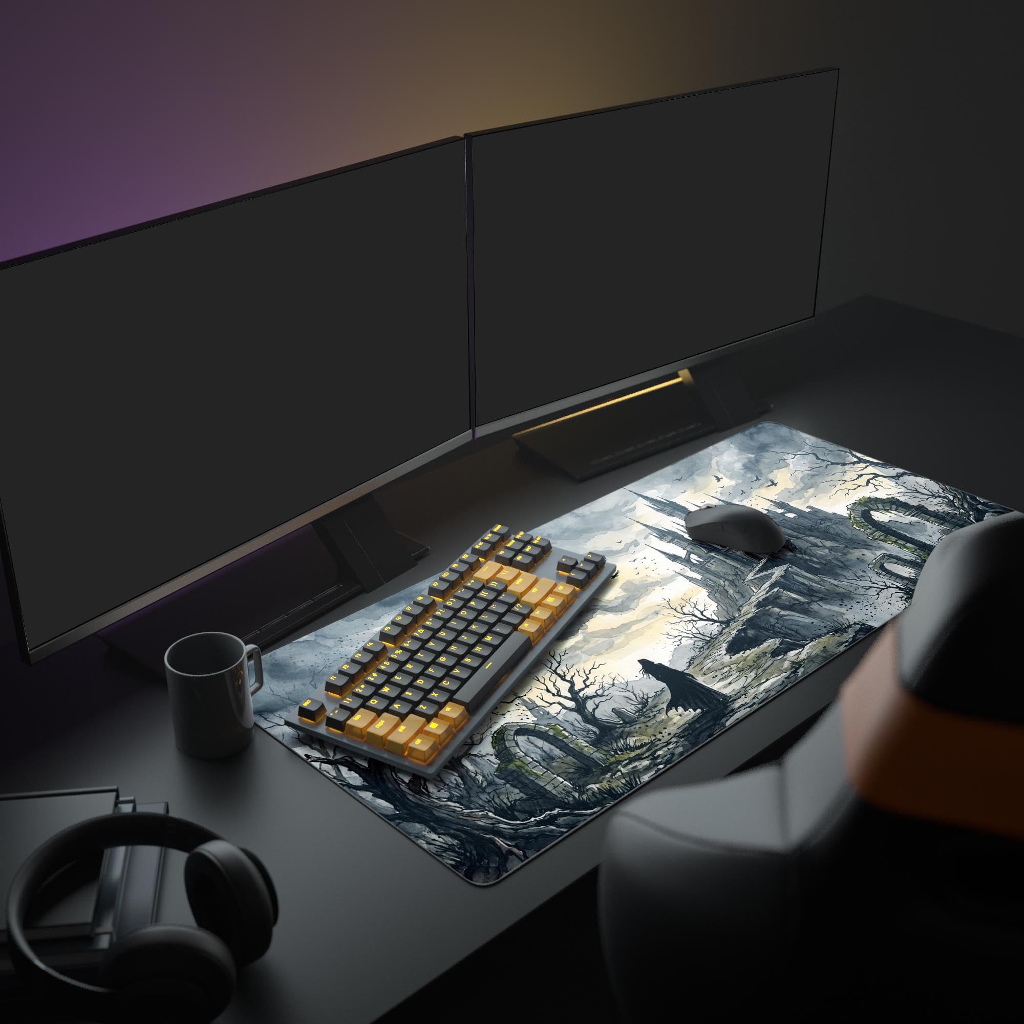 Close-up of the gothic castle keep and raven-filled stormy sky design on the mouse pad