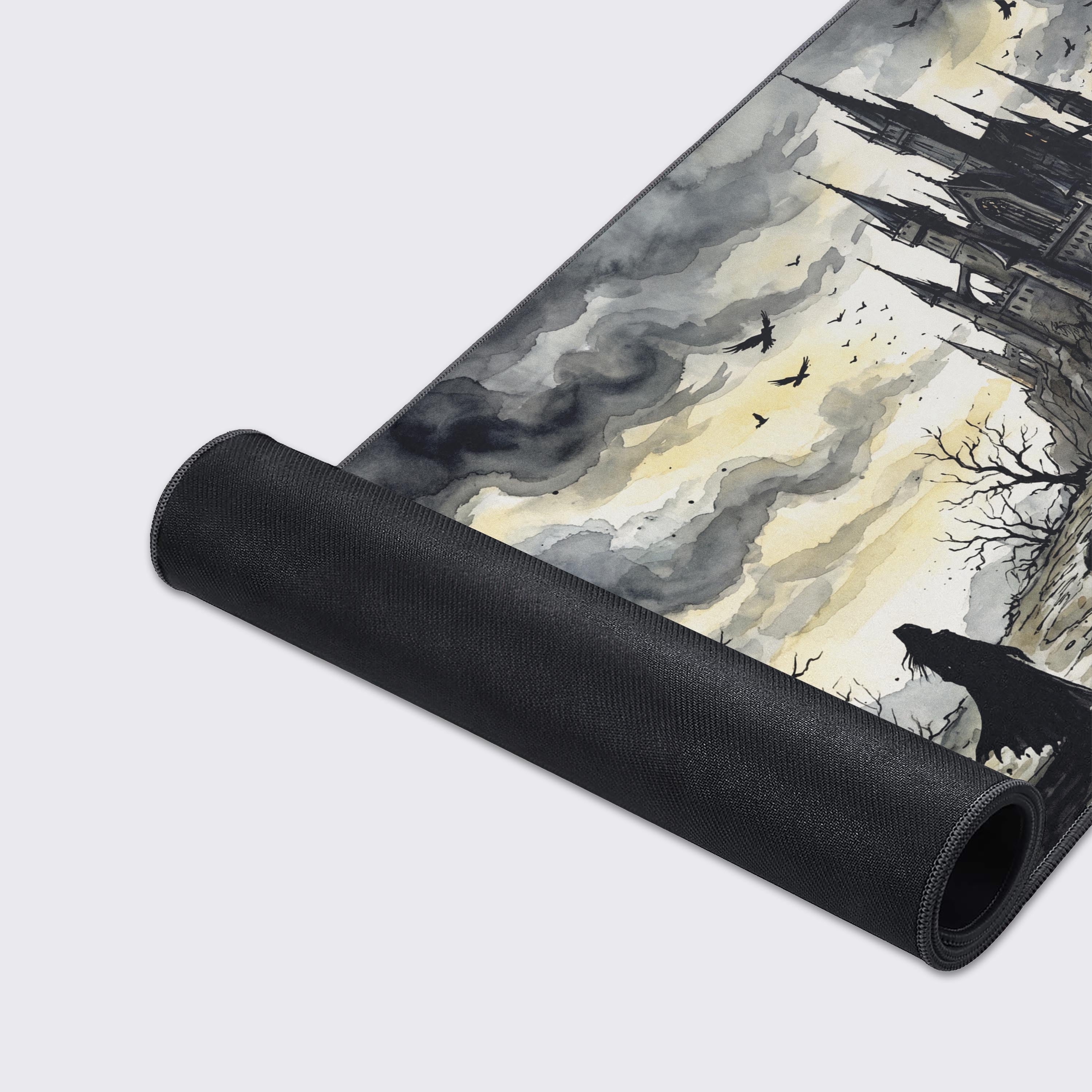 Spooky barren trees and ancient stone ruins framing the dark citadel desk mat artwork