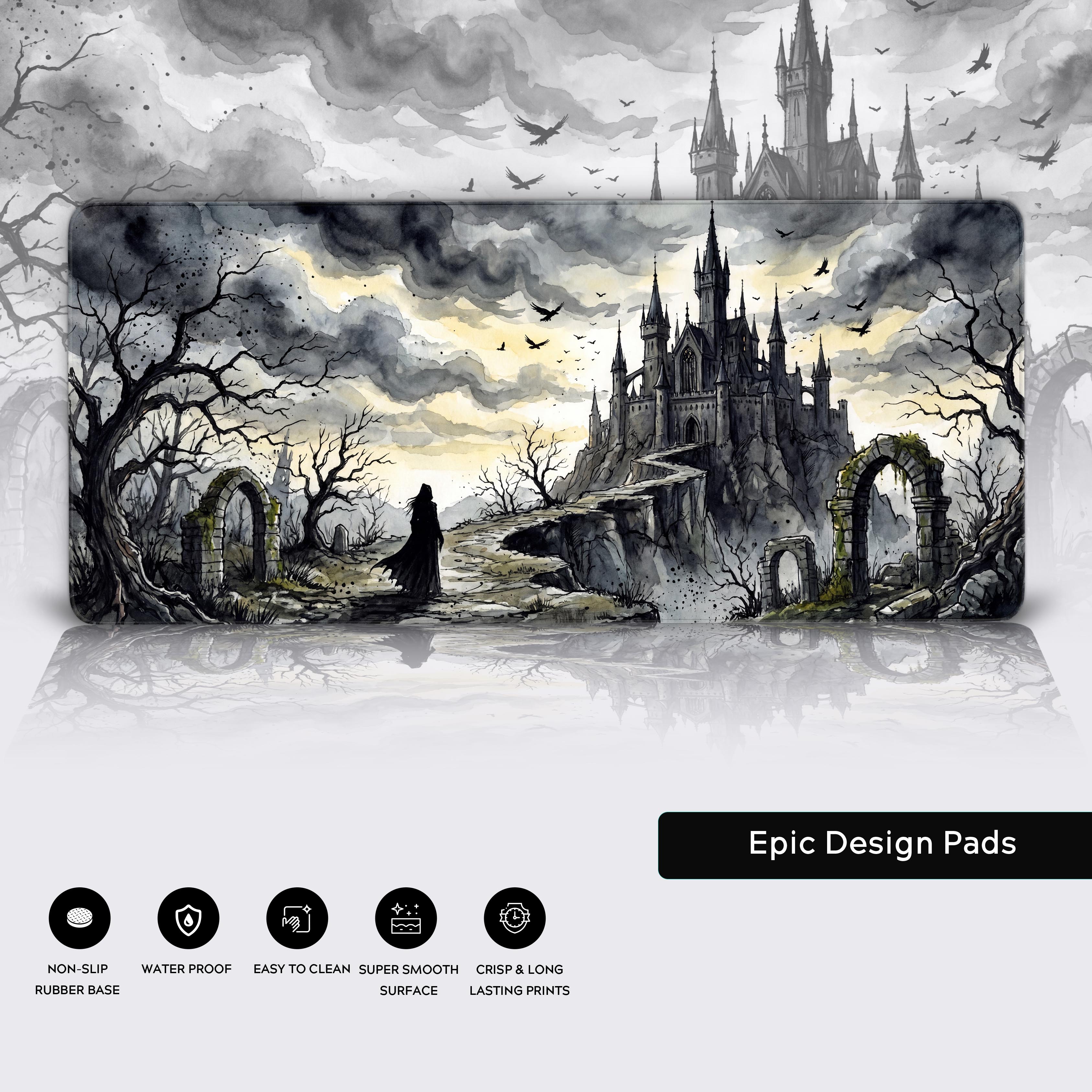 Epic Design Pads gaming mat features including non-slip base, waterproof, and smooth surface icons