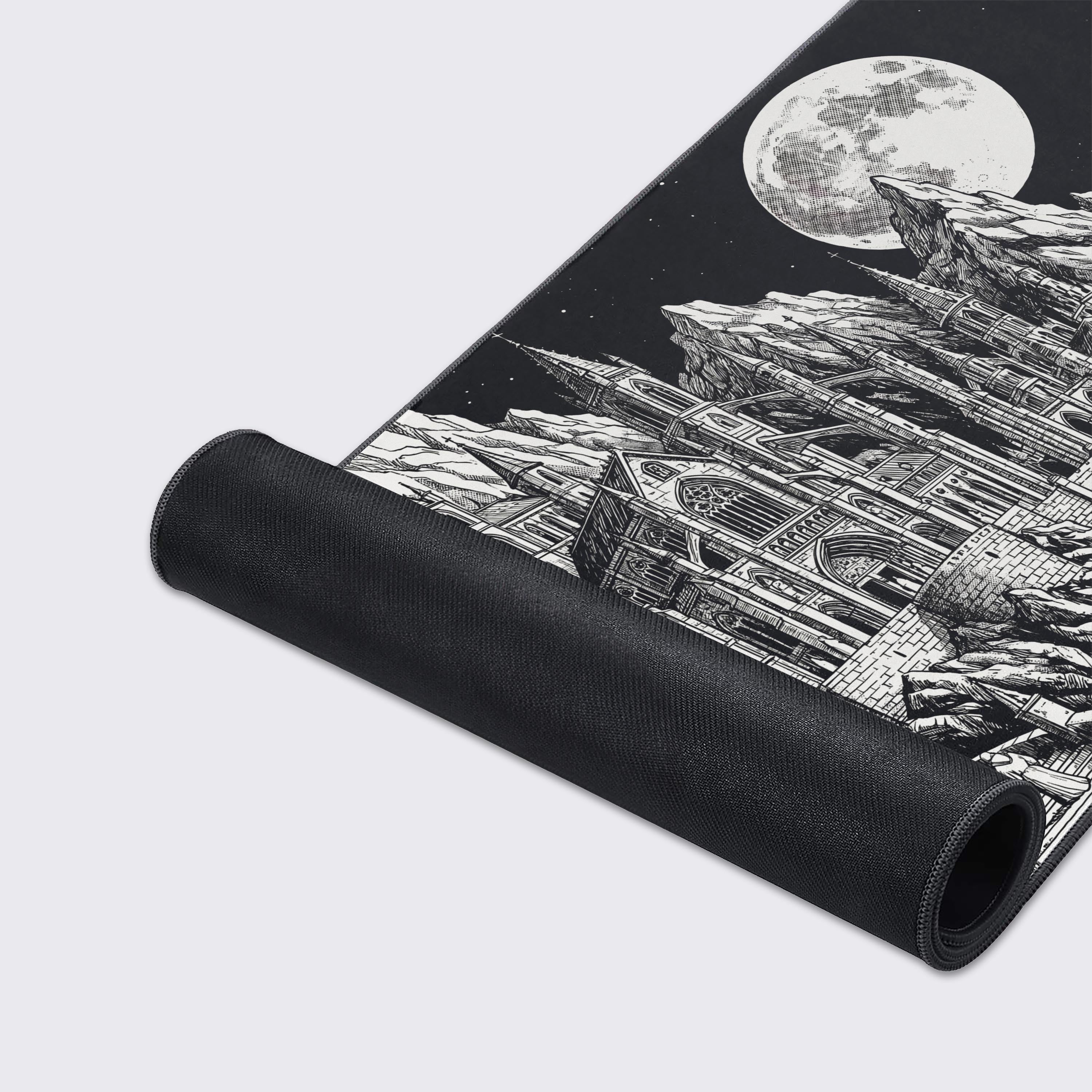 Features overview of the dark fantasy desk mat highlighting waterproof, non-slip, and easy-to-clean icons.