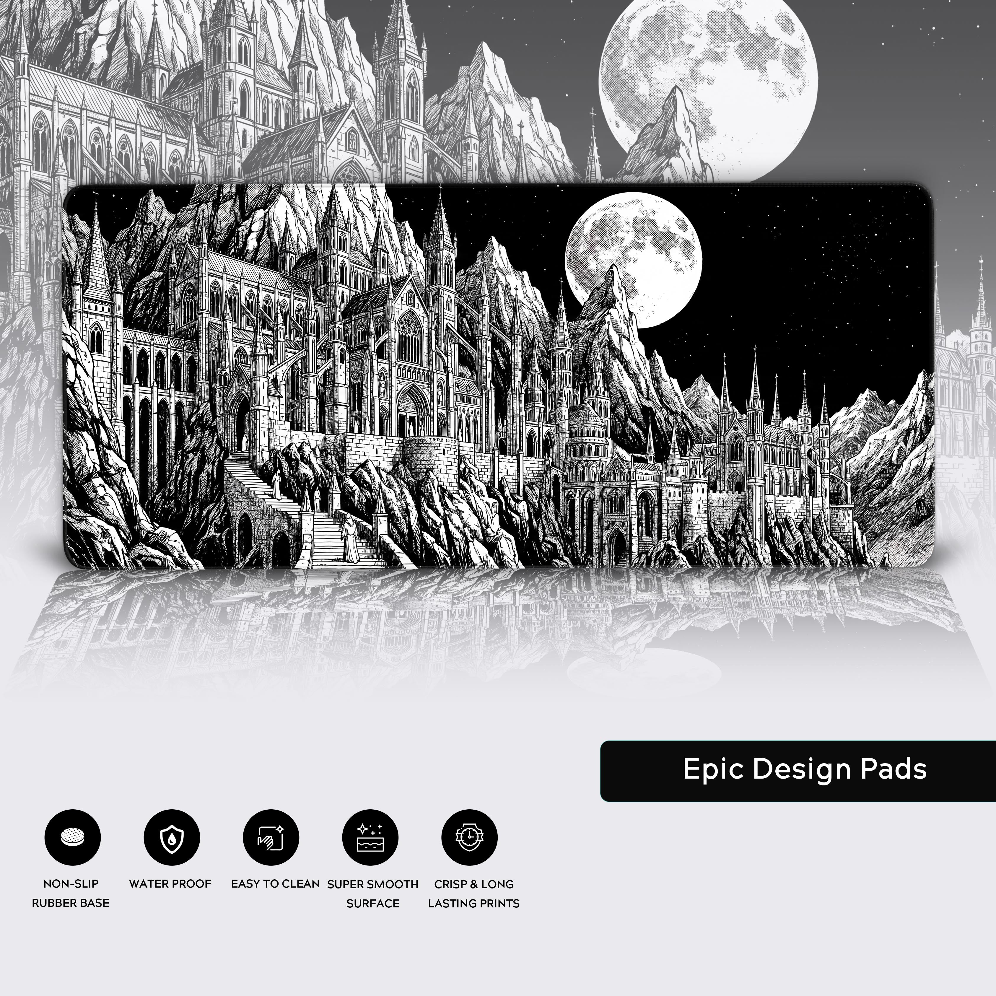 Lunar Cathedral XL mouse pad in a gaming setup reflecting on a sleek dark surface.