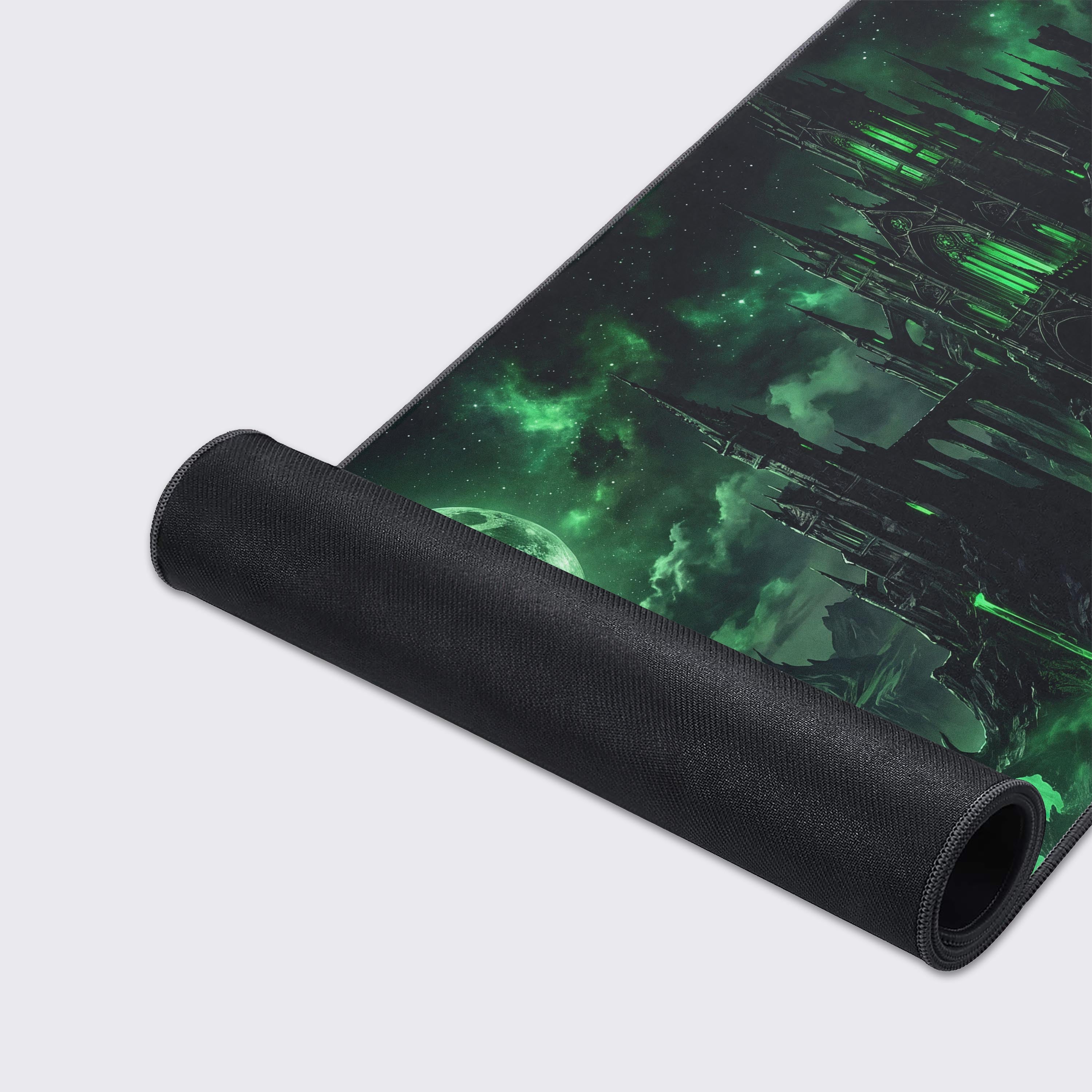 Epic Design Pads presentation showing the waterproof and non-slip features of the gothic castle gaming mat.