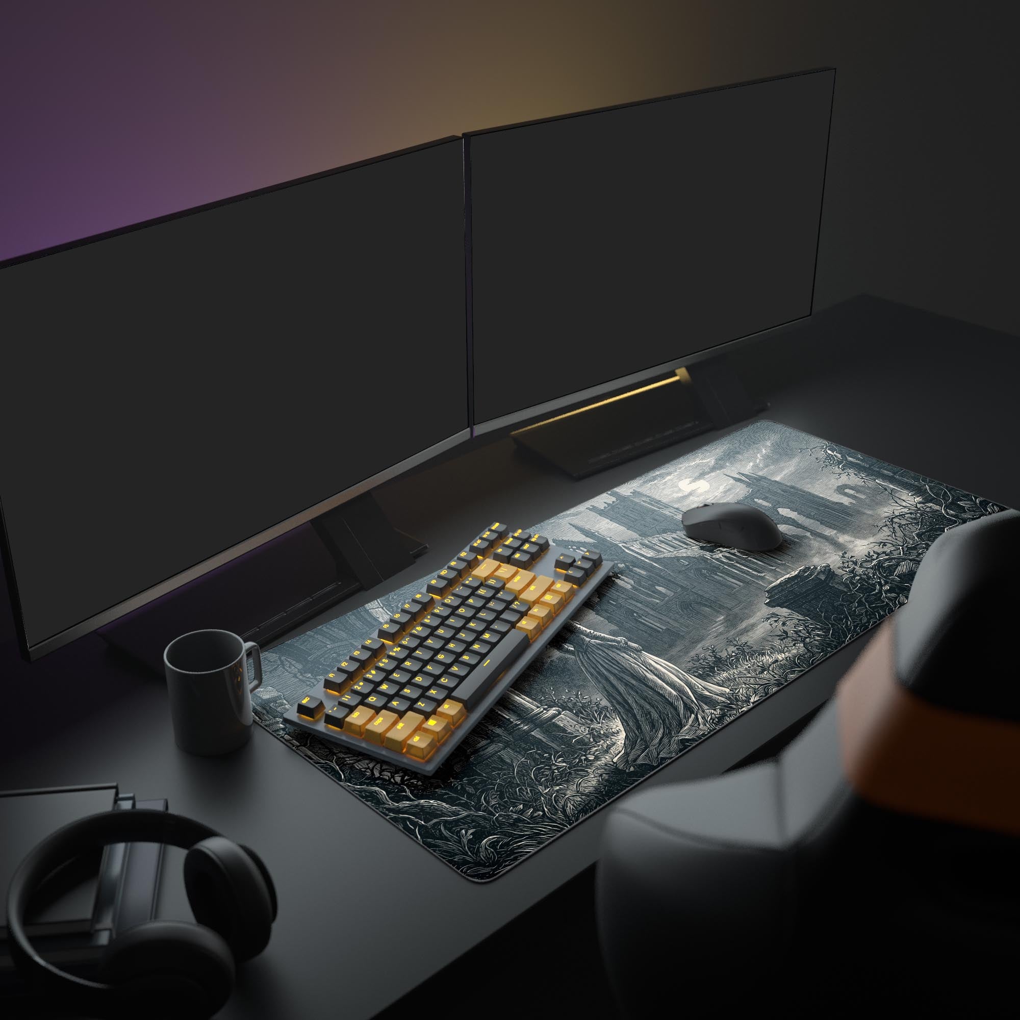 Close-up of the intricate dark fantasy illustration on the extended gaming mouse pad