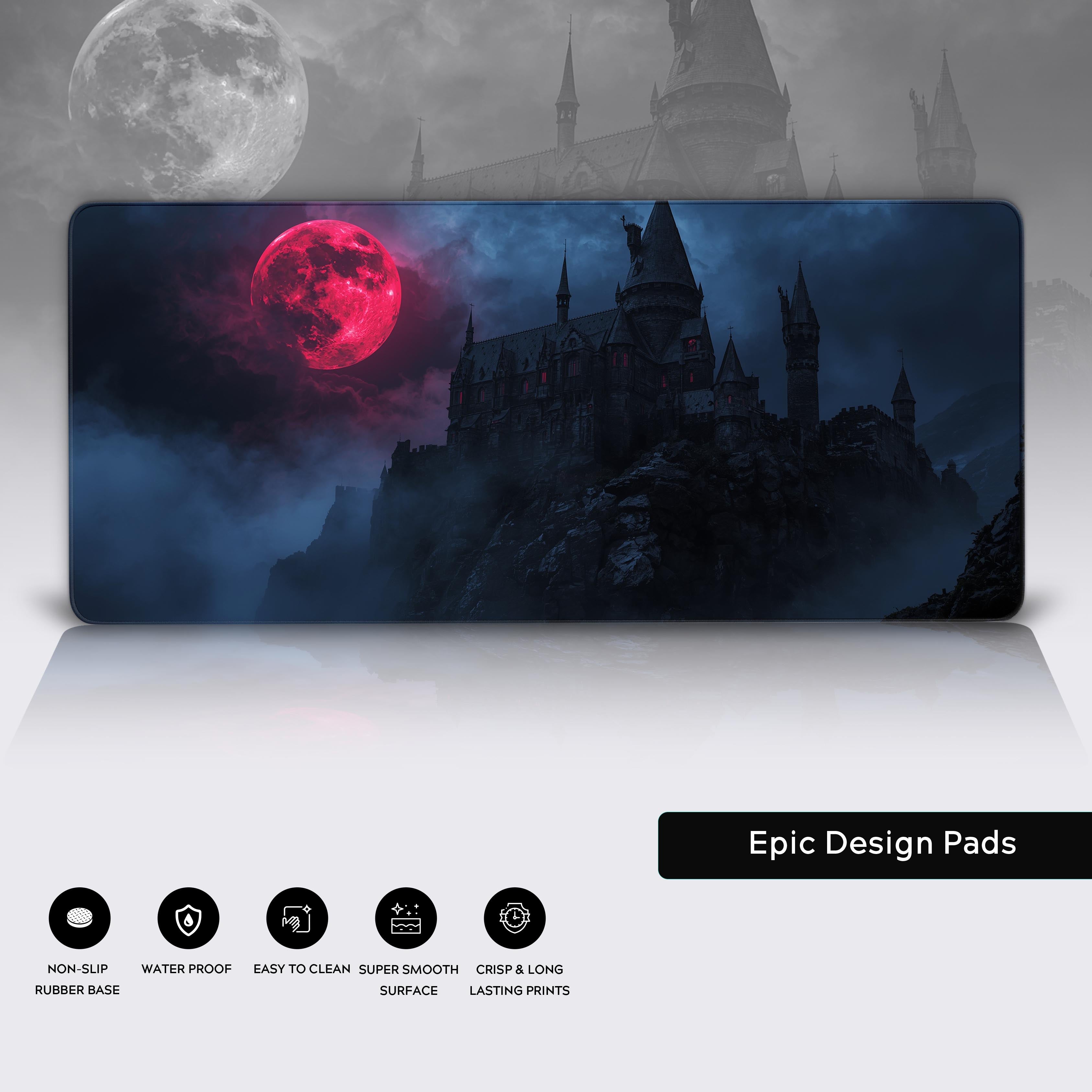 Gothic Reign desk mat showcasing stitched edges and non-slip rubber base – detailed close-up of the large gaming mouse pad. - Epic Design Pads