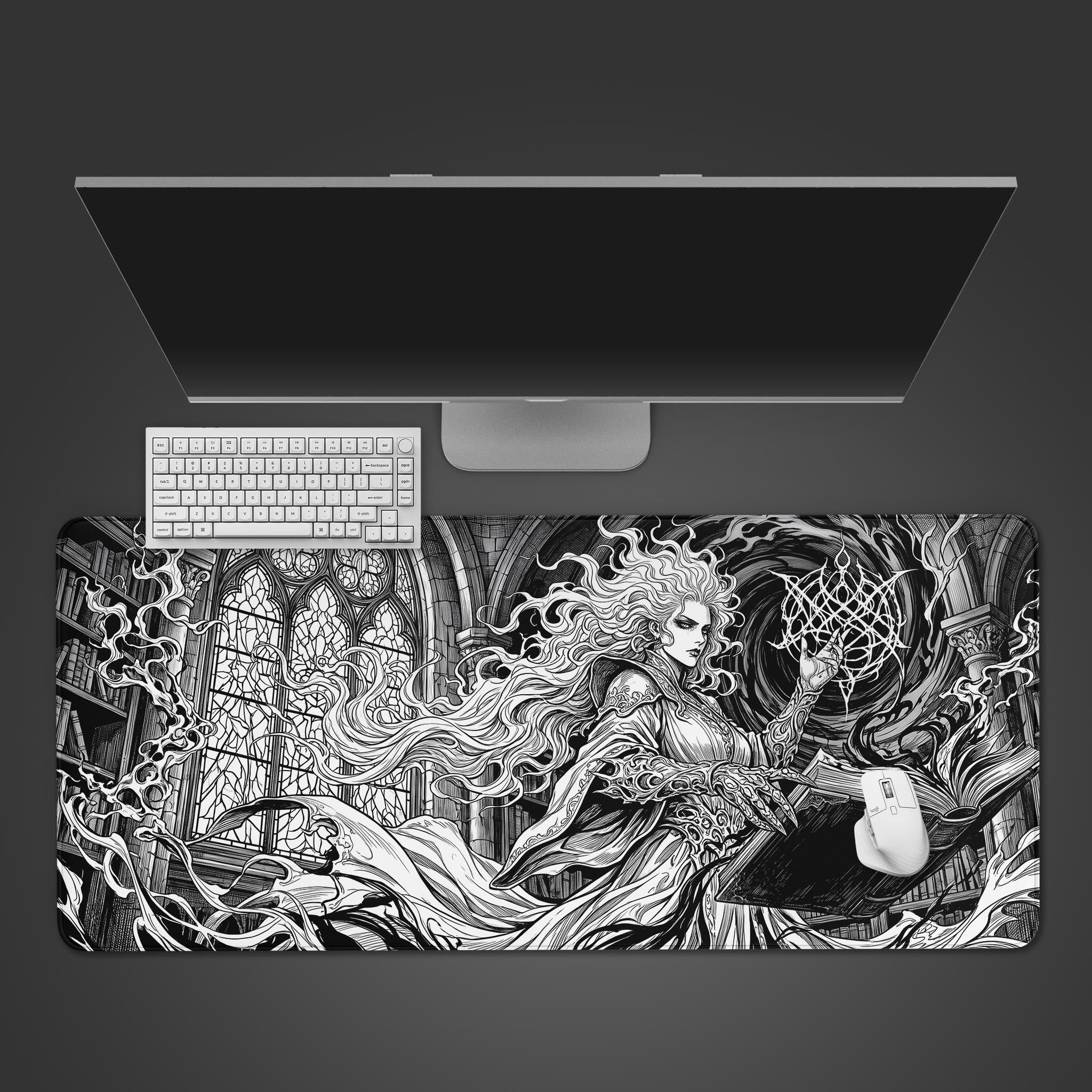 Black and white dark fantasy desk mat featuring a gothic sorceress casting a spell.