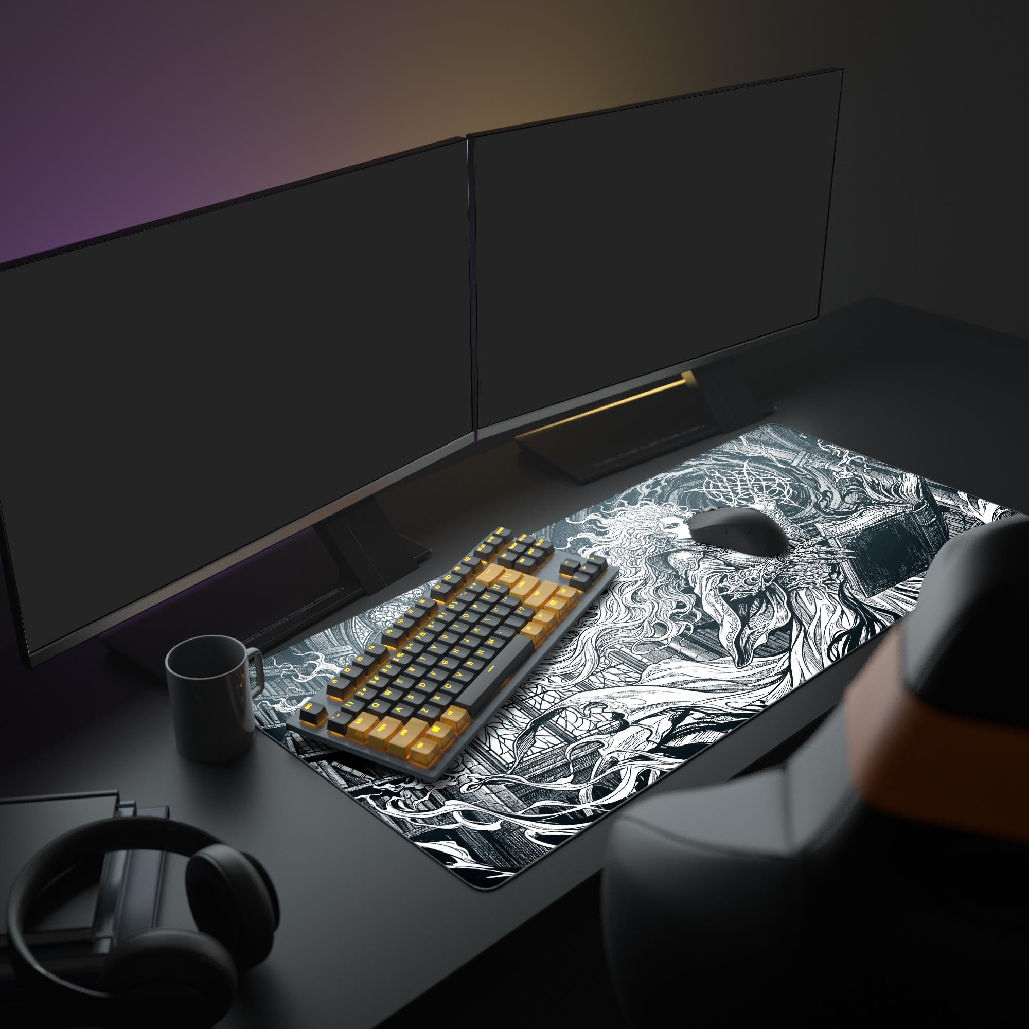 Detailed line art of a witch reading a spellbook inside a cathedral on a gaming mouse pad.
