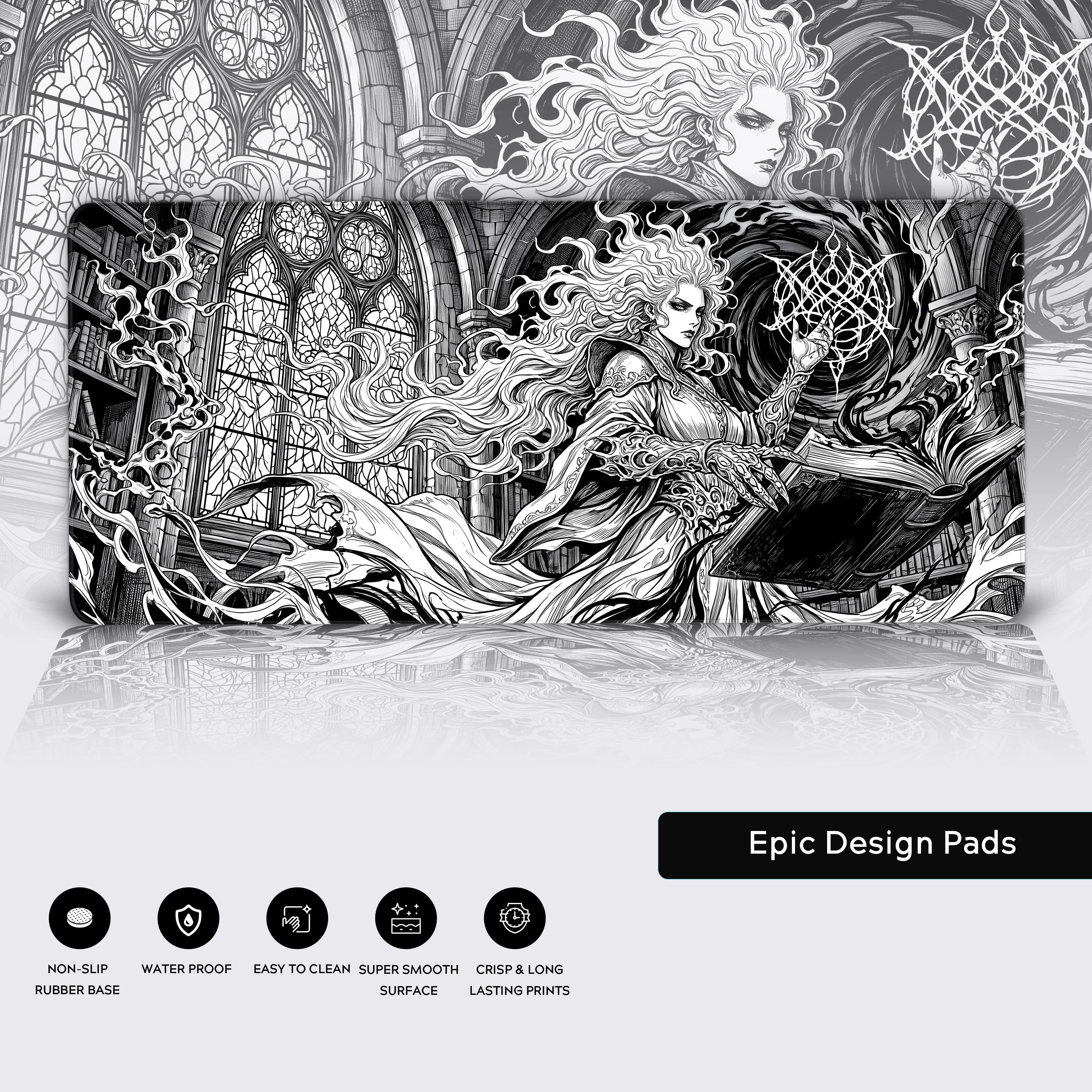 Dark fantasy aesthetic desk mat showcasing non-slip rubber base and magical sigil design.