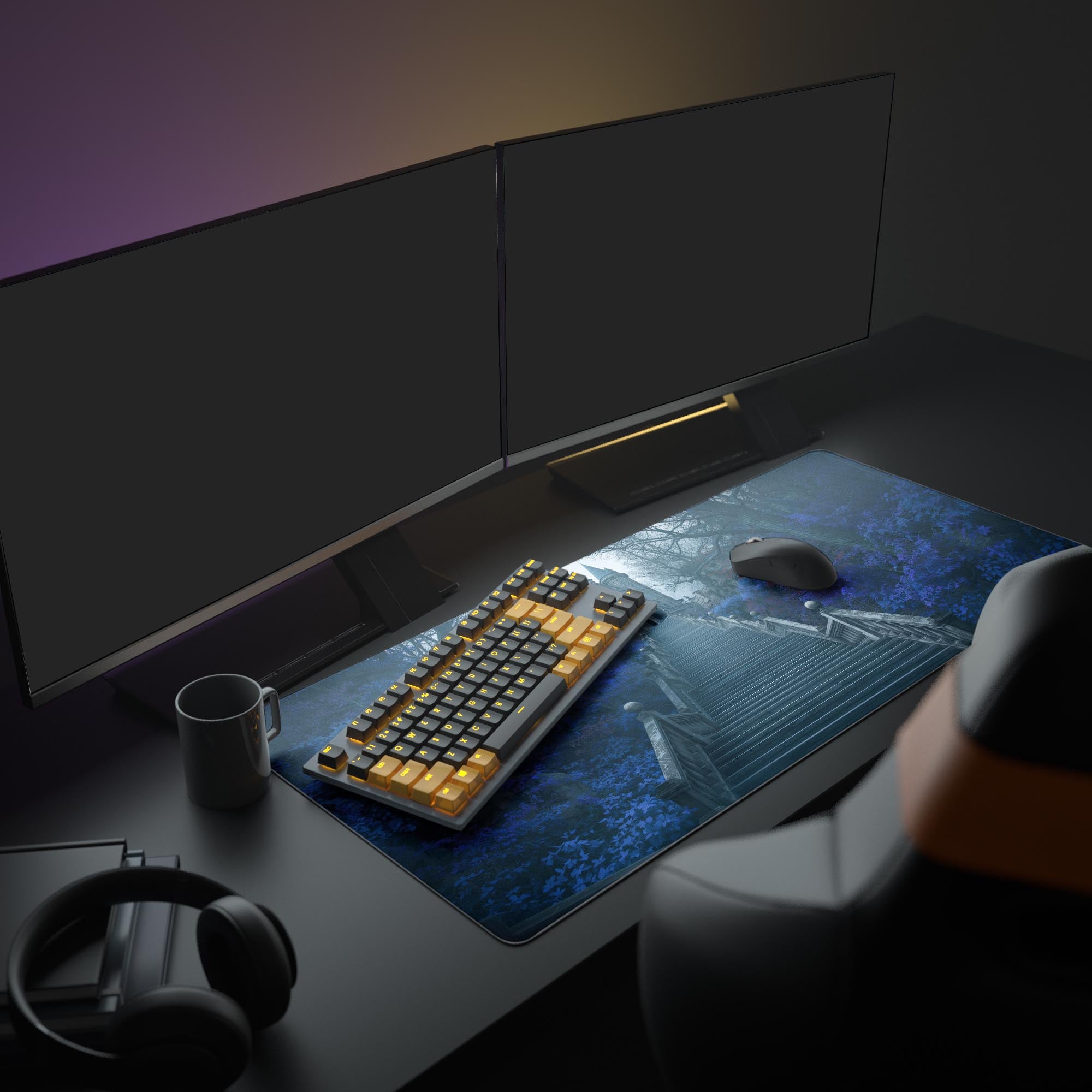 Large War's End gaming mouse pad with an epic knight design, showcased in a full battlestation with dual monitors and gaming peripherals. - Epic Design Pads & Mousepads