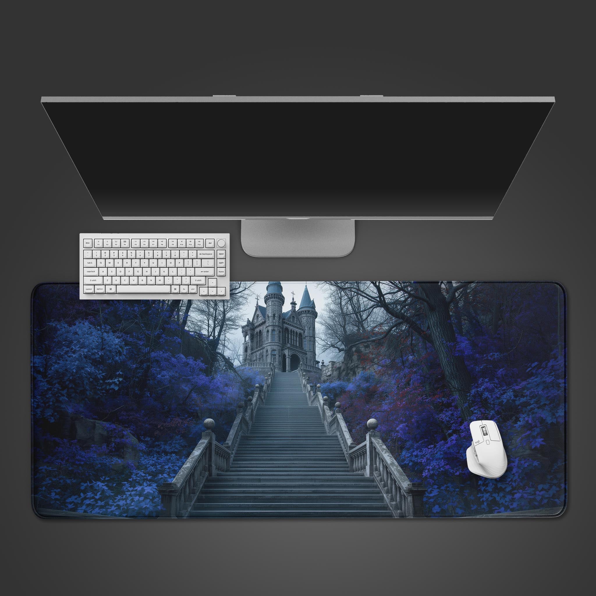 The War's End gaming desk mat showing a conqueror on a white horse, seen from a top-down view with a mechanical keyboard and mouse. - Epic Design Pads & Mousepads