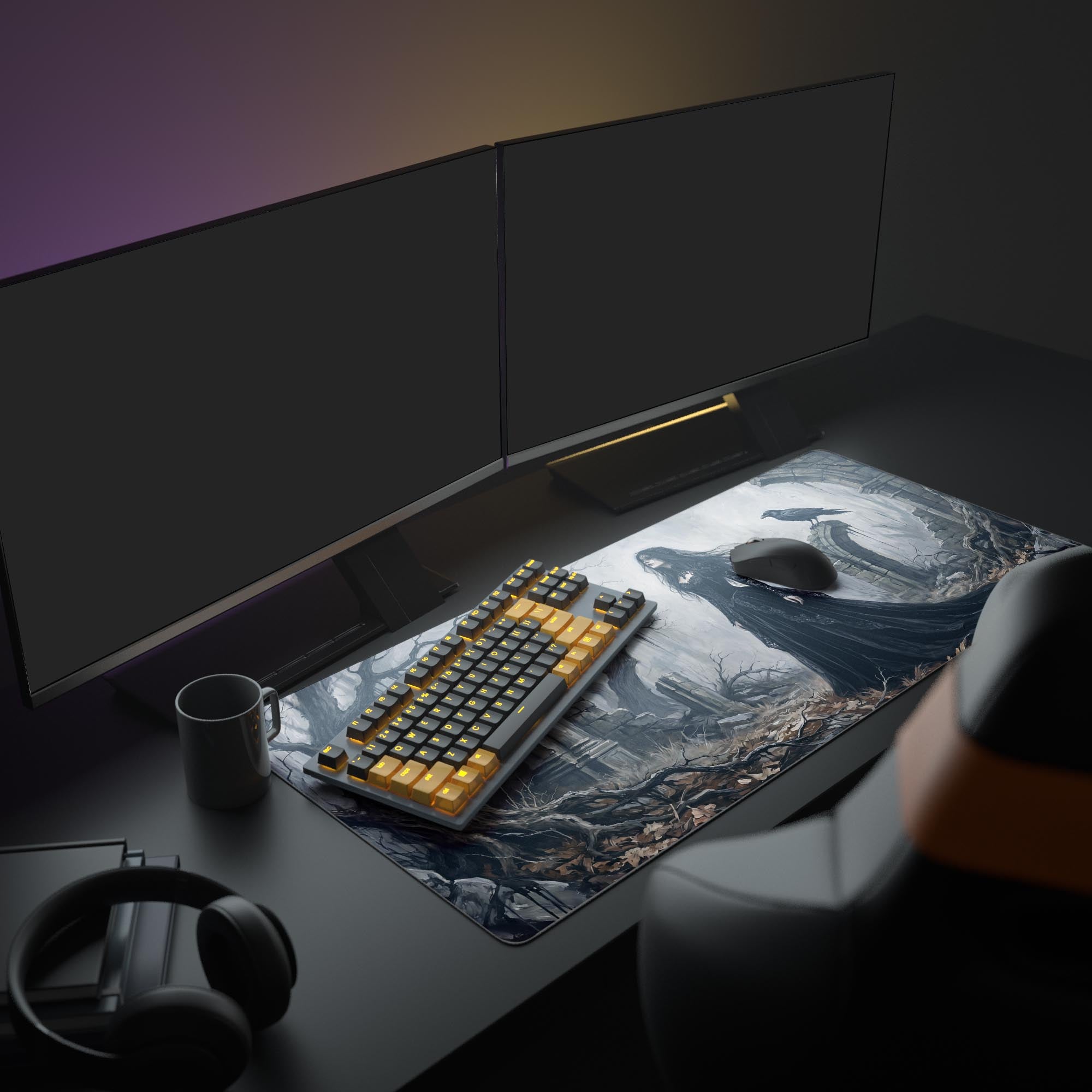 Close-up of haunting monochrome ruins and dead trees mouse pad