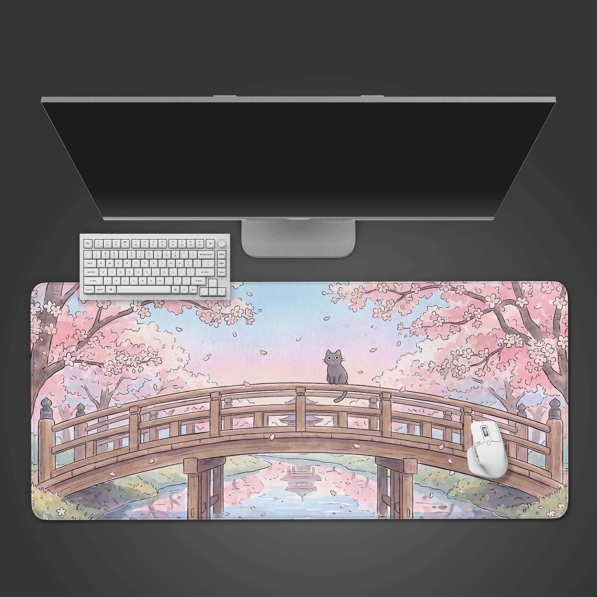 Sakura Bridge Cat kawaii desk mat showing a cute cat on a wooden bridge with cherry blossoms