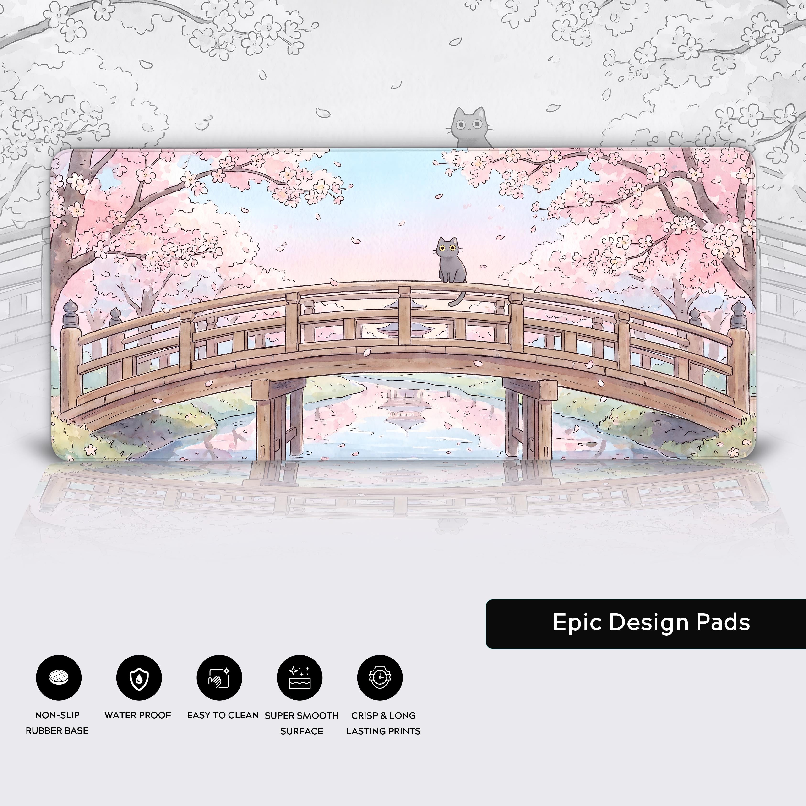 Kawaii pastel desk setup featuring the Sakura Bridge Cat extended mouse pad