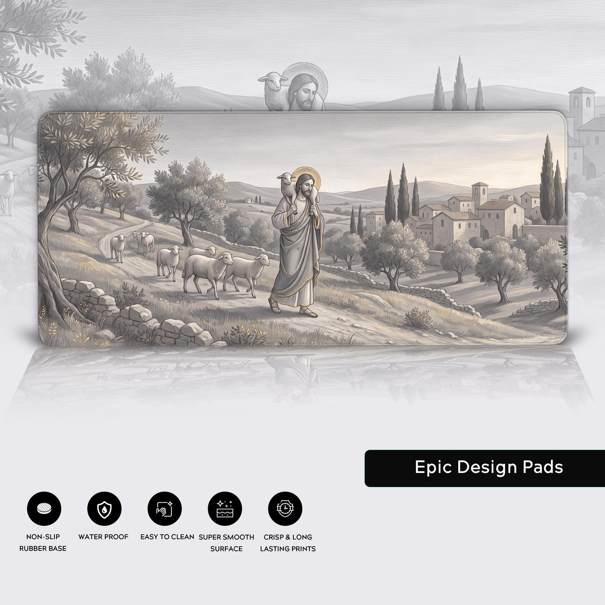 Infographic showcasing product feature icons including non-slip rubber base and water-proof symbols below the Good Shepherd artwork