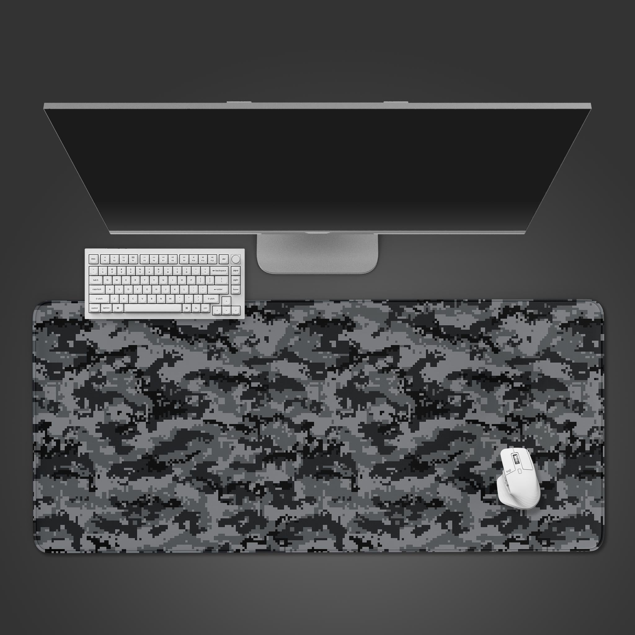 Pixel Gray Camo desk mat in a top-down view, featuring a modern gaming keyboard and wireless mouse. - Epic Design Pads
