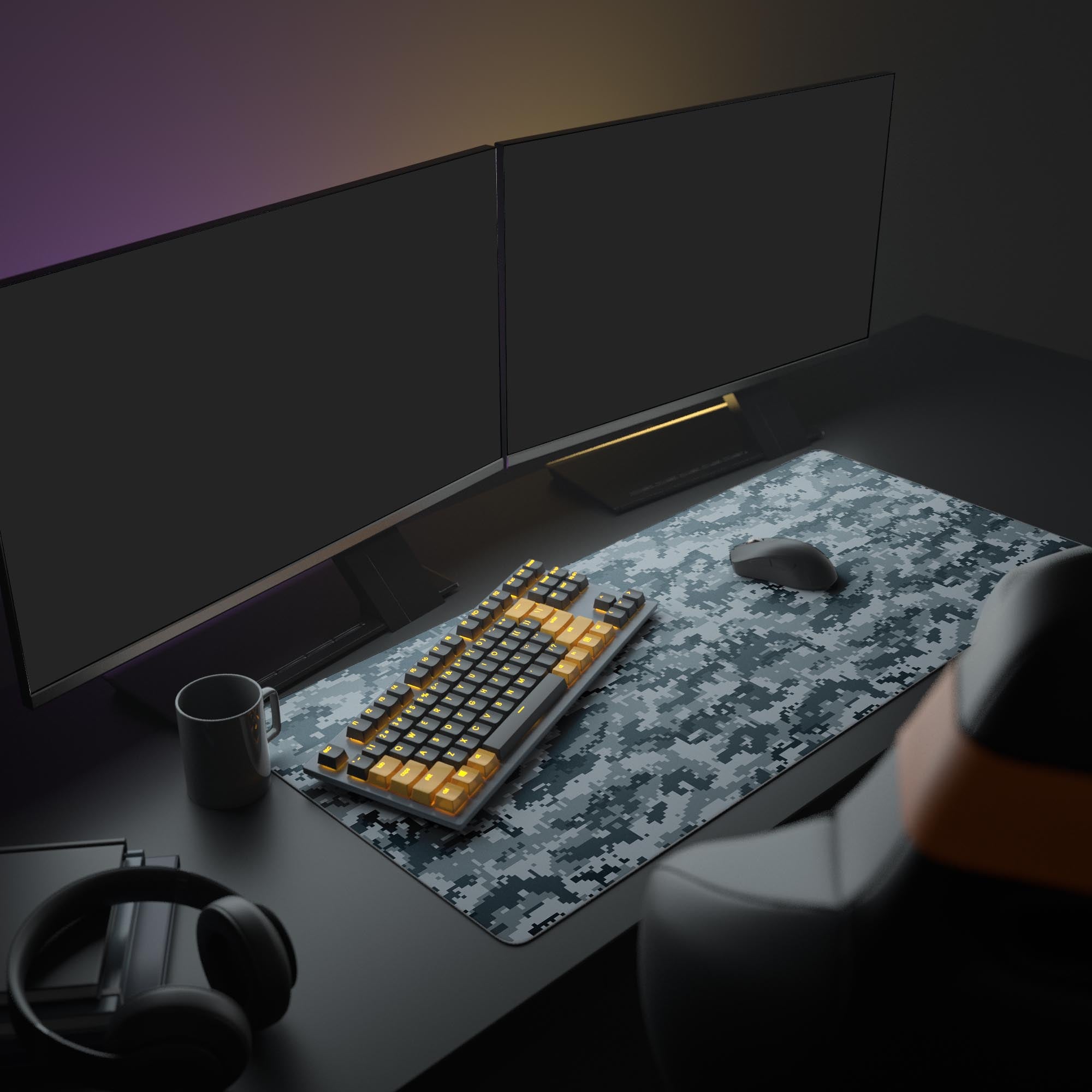 Large Pixel Gray Camo desk mat shown in a full gaming setup with dual monitors, a mechanical keyboard, and headphones. - Epic Design Pads