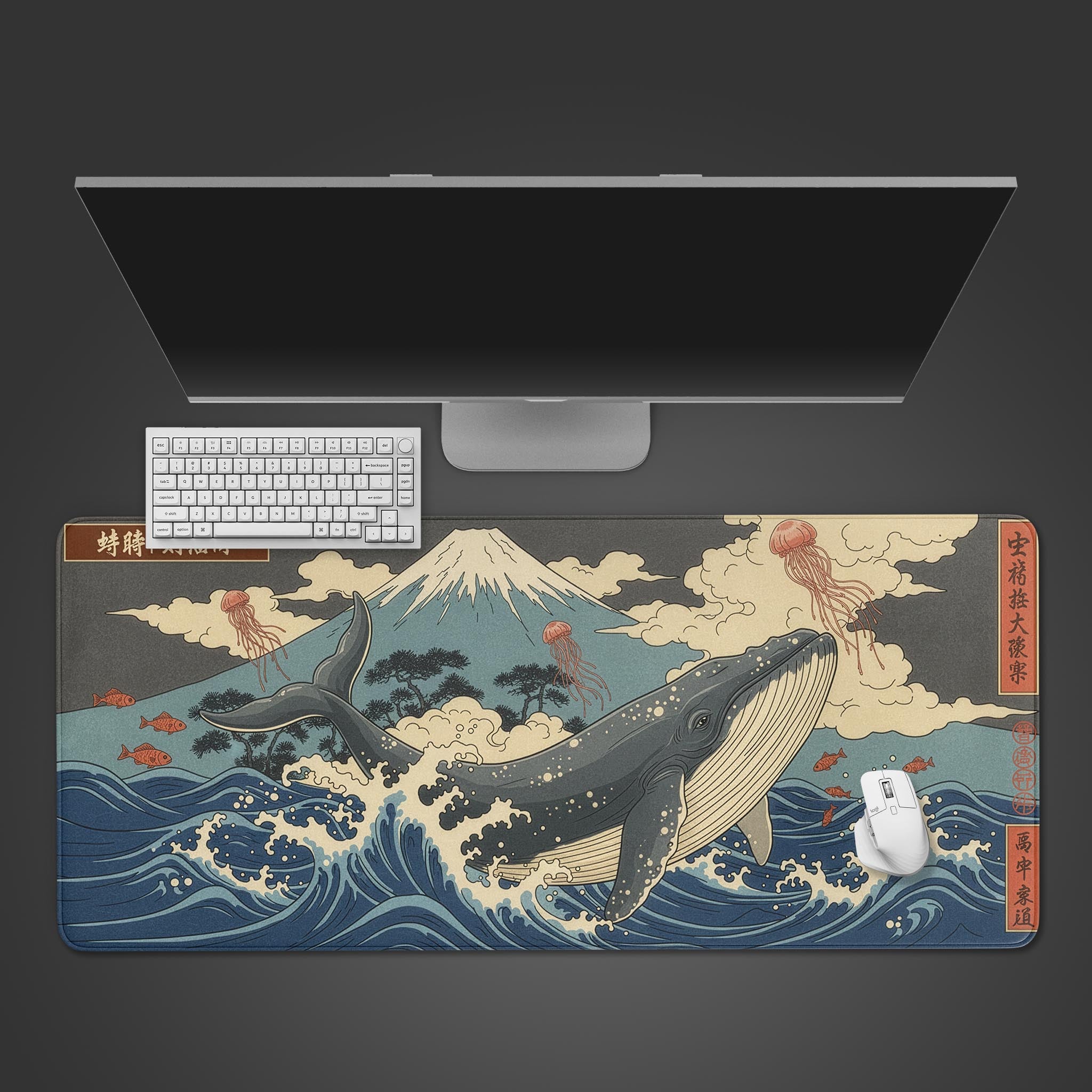 Japanese Ukiyo-e desk mat with Great Whale design. Top-down view on a desk with a white keyboard and mouse, showing the full Hokusai-inspired artwork. - Epic Design Pads & Mousepads