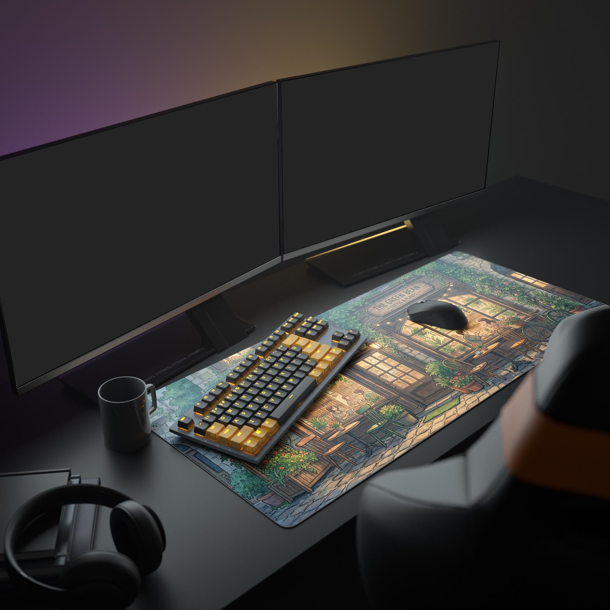 A full workspace featuring the Green Bean Cafe gaming desk mat, enhancing a cozy setup with multiple monitors, an illuminated keyboard, and ambient lighting. - Epic Design Pads & Mousepads