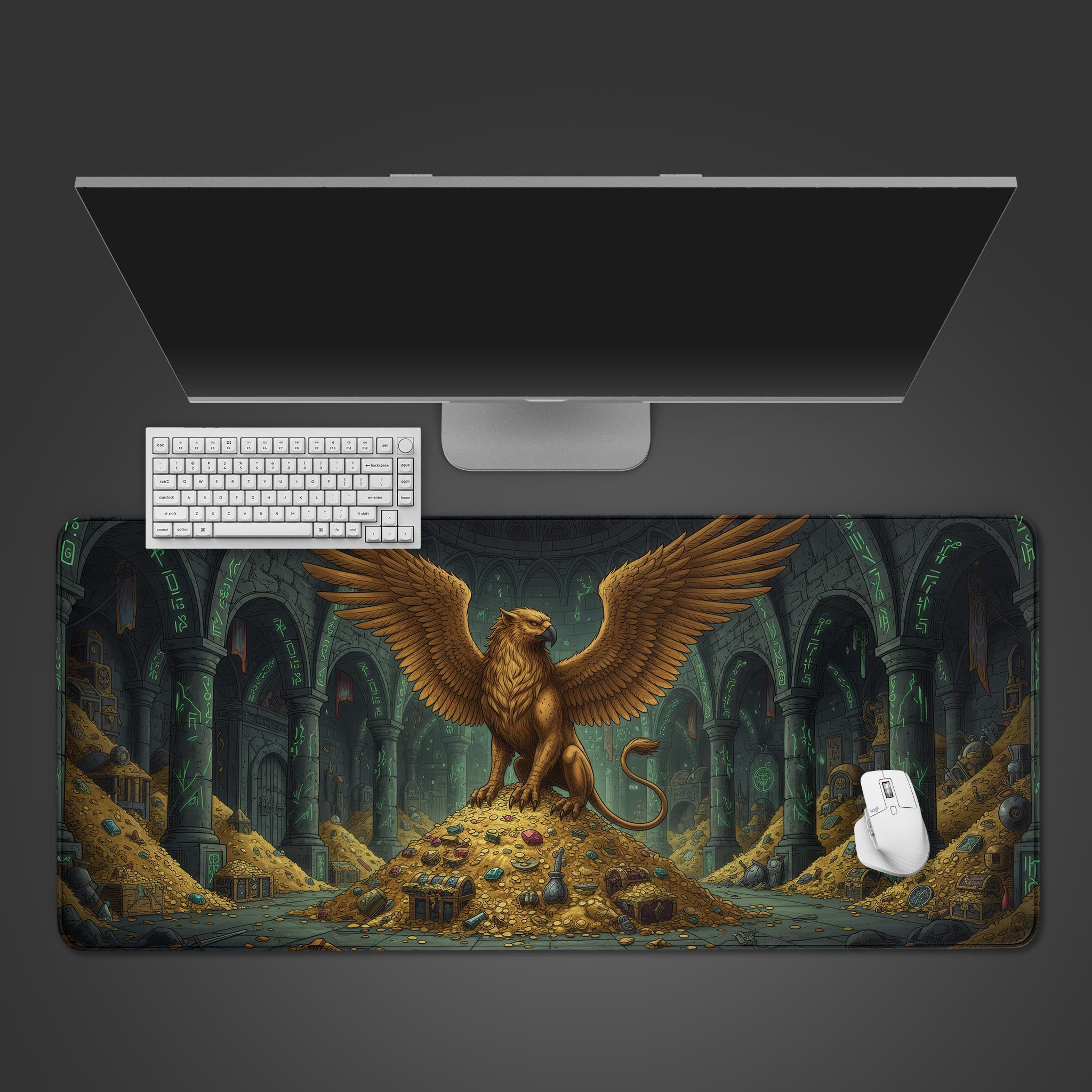 Griffon fantasy desk mat with majestic beast on a gold hoard – top-down desktop view with a black keyboard and gaming mouse. - Epic Design Pads