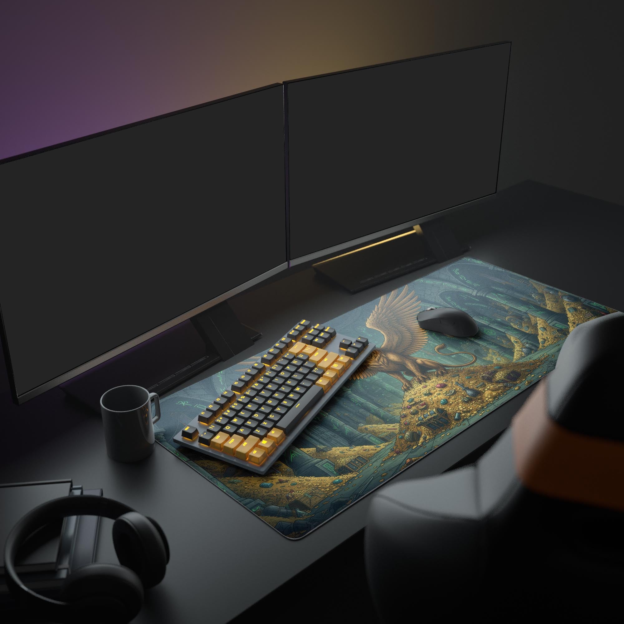 Large Griffon gaming desk mat shown in a fantasy-themed setup with dual monitors, mechanical keyboard, and headphones. - Epic Design Pads