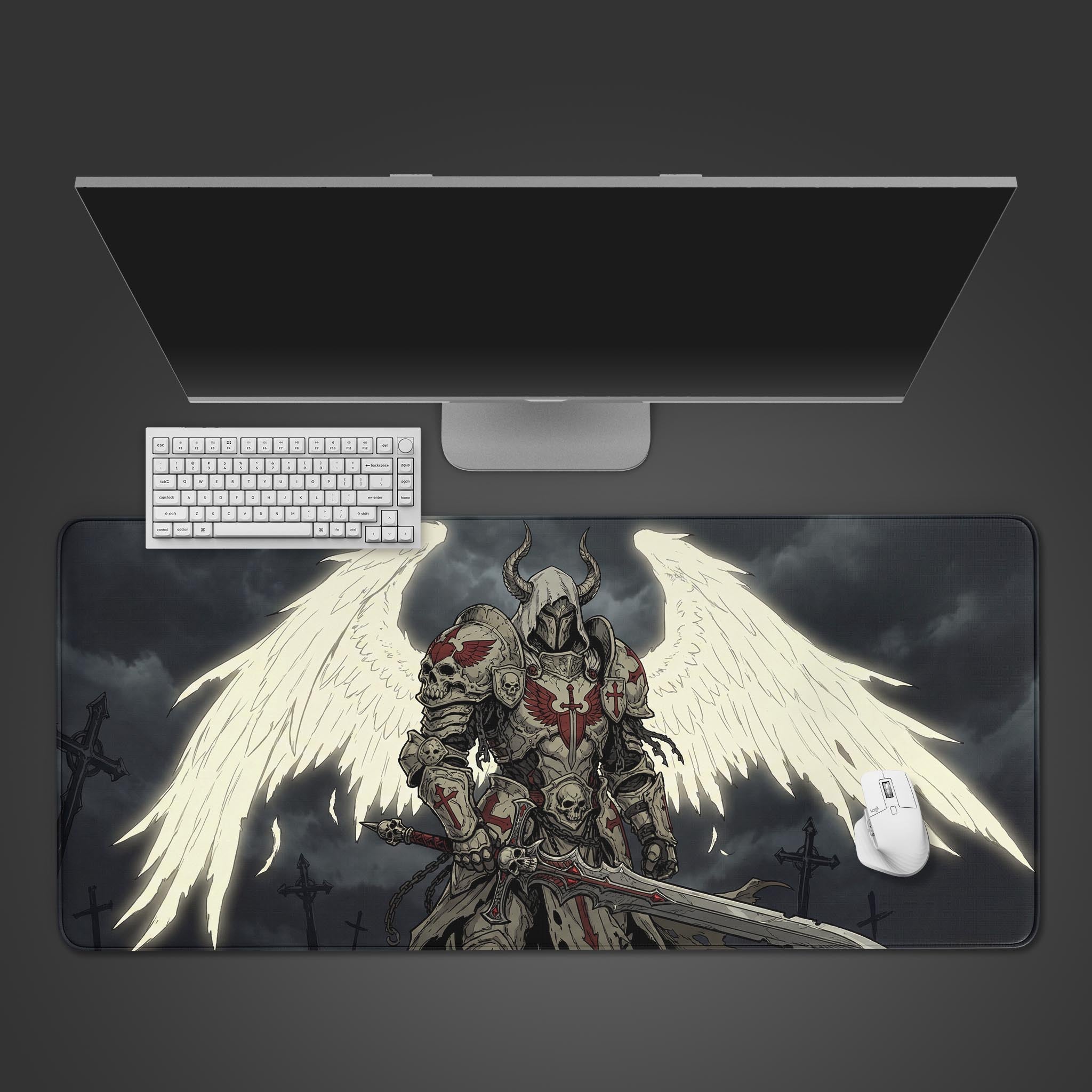 Top-down view of the Grim Crusader gaming desk mat featuring a winged angel knight, shown with a white keyboard and mouse on a dark surface. - Epic Design Pads & Mousepads