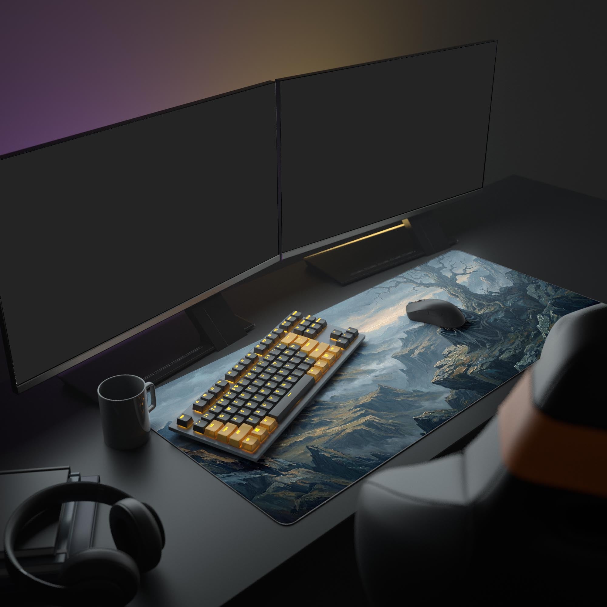 Close-up of the cloaked figure and withered tree artwork on a premium gaming mouse pad.