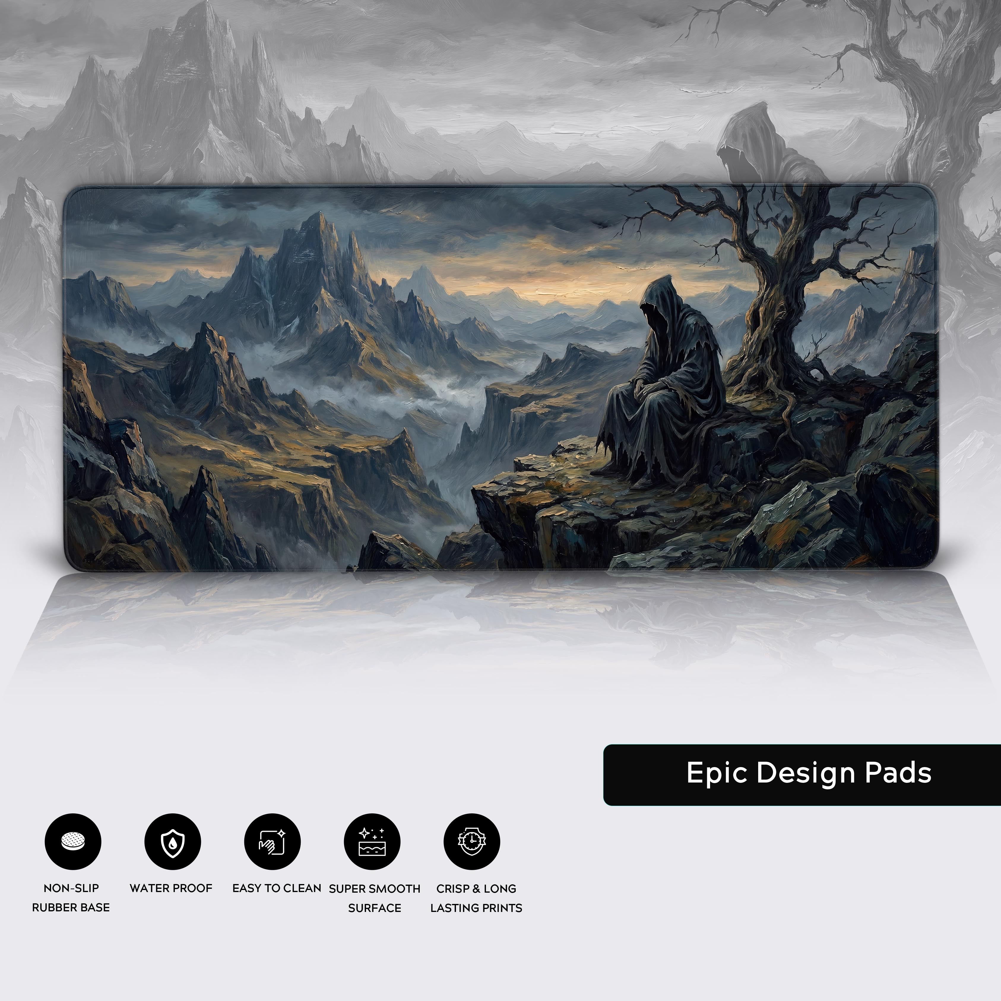 Epic dark fantasy landscape desk mat showcasing non-slip, waterproof, and smooth surface features.