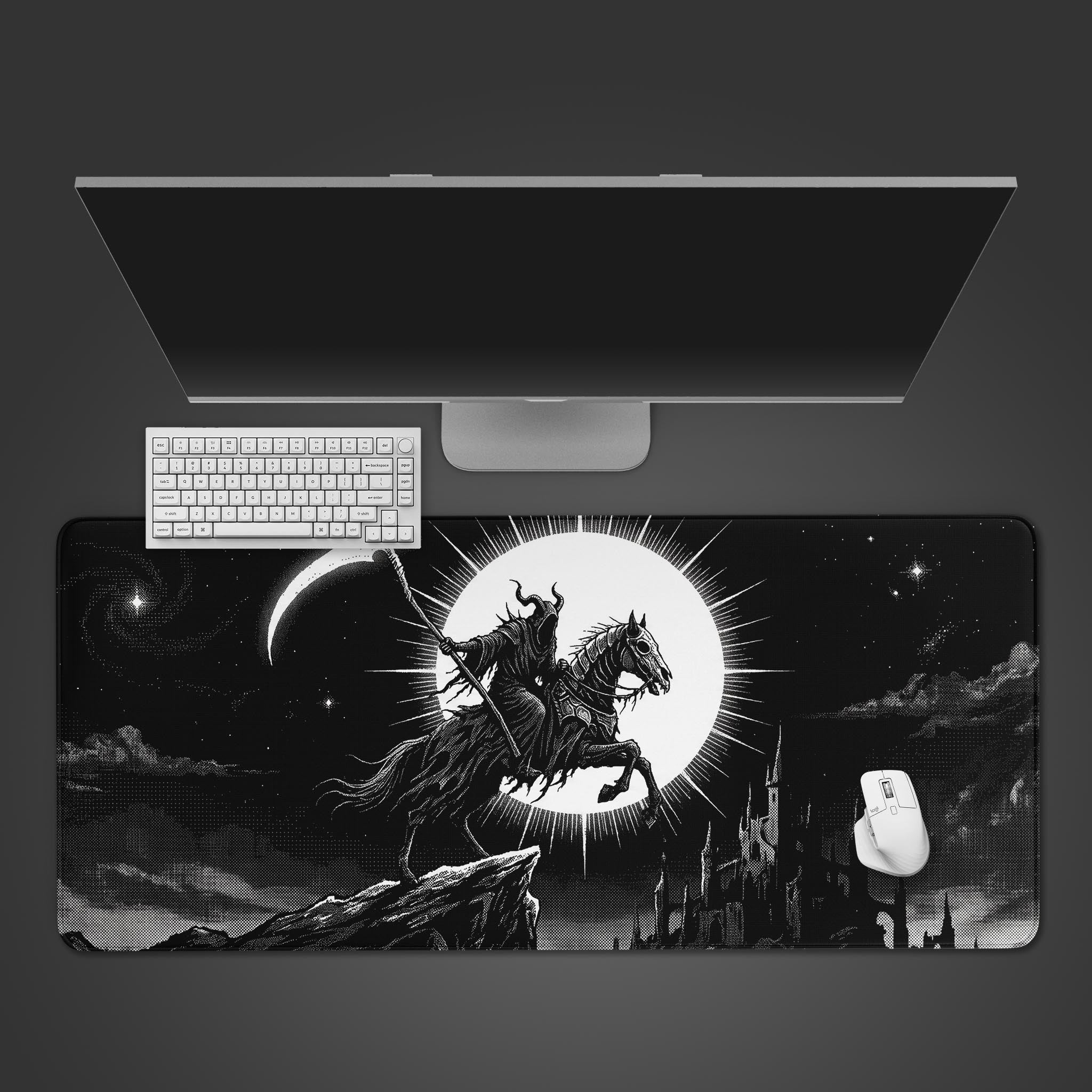Black and white desk mat featuring the Grim Reaper riding a horse beneath a glowing full moon.