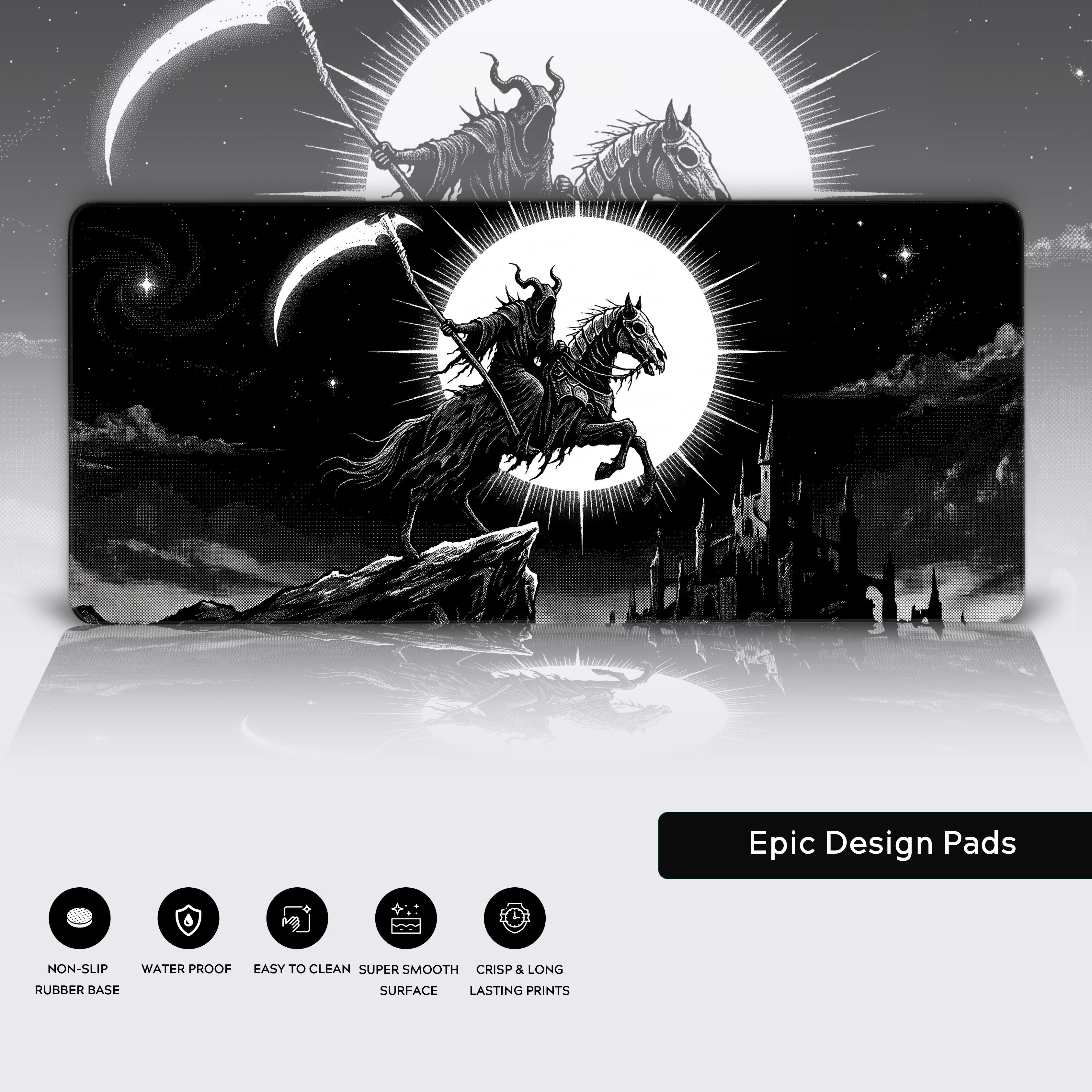 Front view of the dark fantasy Grim Reaper desk mat showcasing the high contrast black, white, and gray illustration.