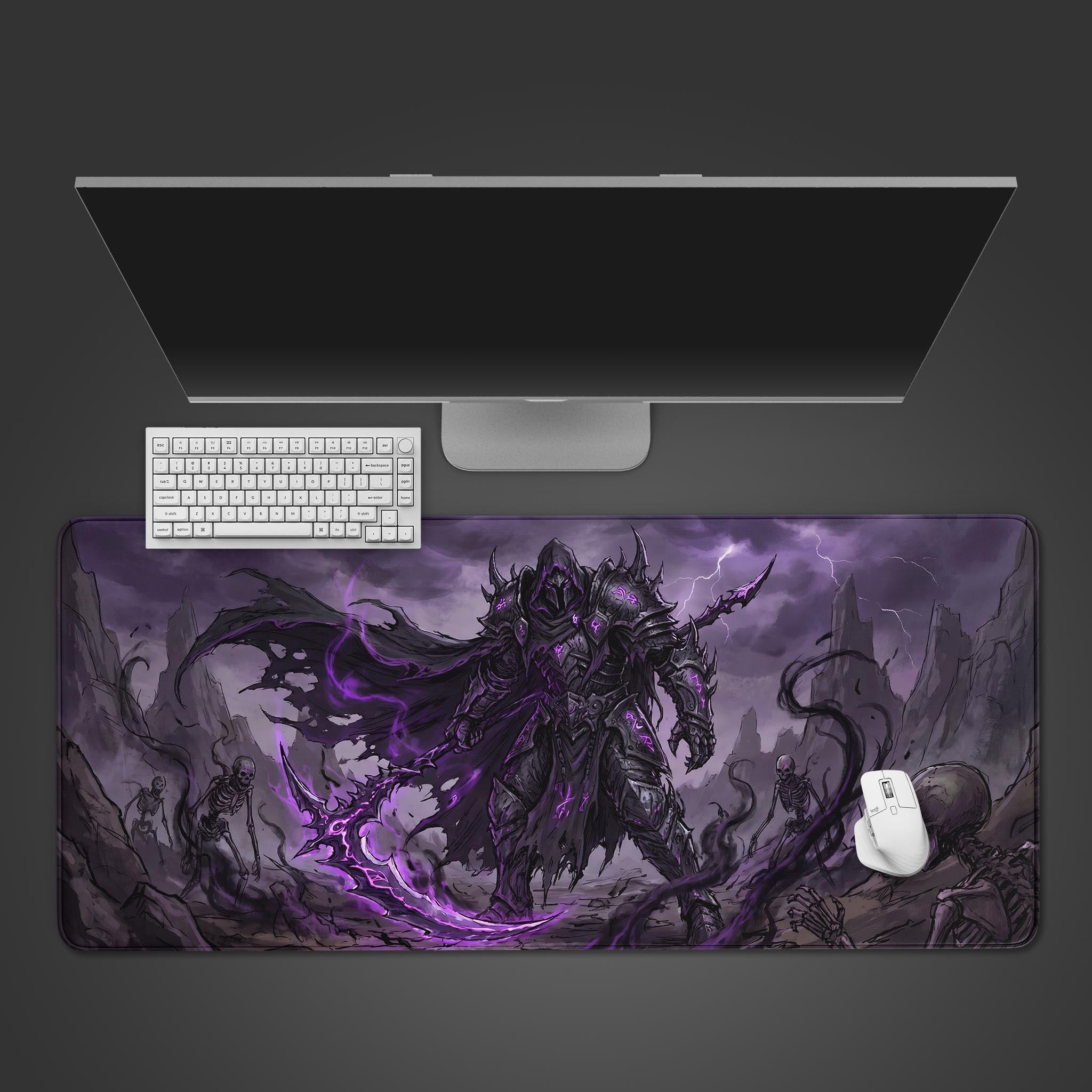 Void Reaper dark fantasy desk mat featuring a menacing death knight with a glowing purple scythe