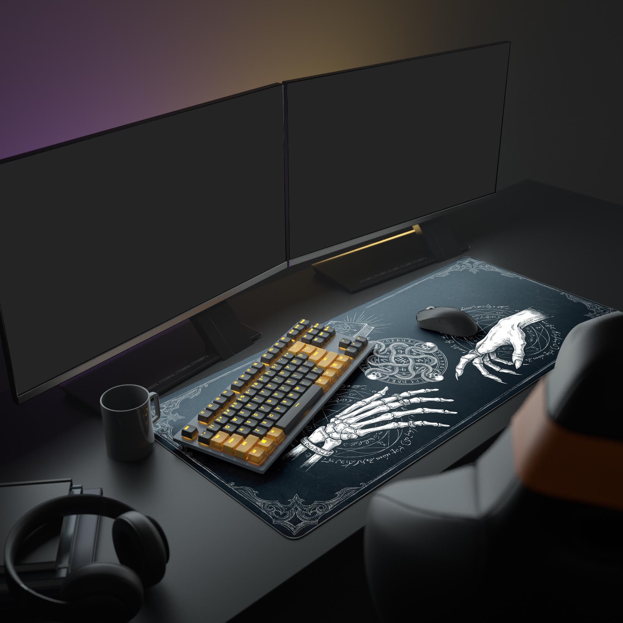 A complete PC setup featuring the Grimoire Bind XL mouse pad, creating a dark academia aesthetic with a large monitor and modern peripherals. - Epic Design Pads & Mousepads