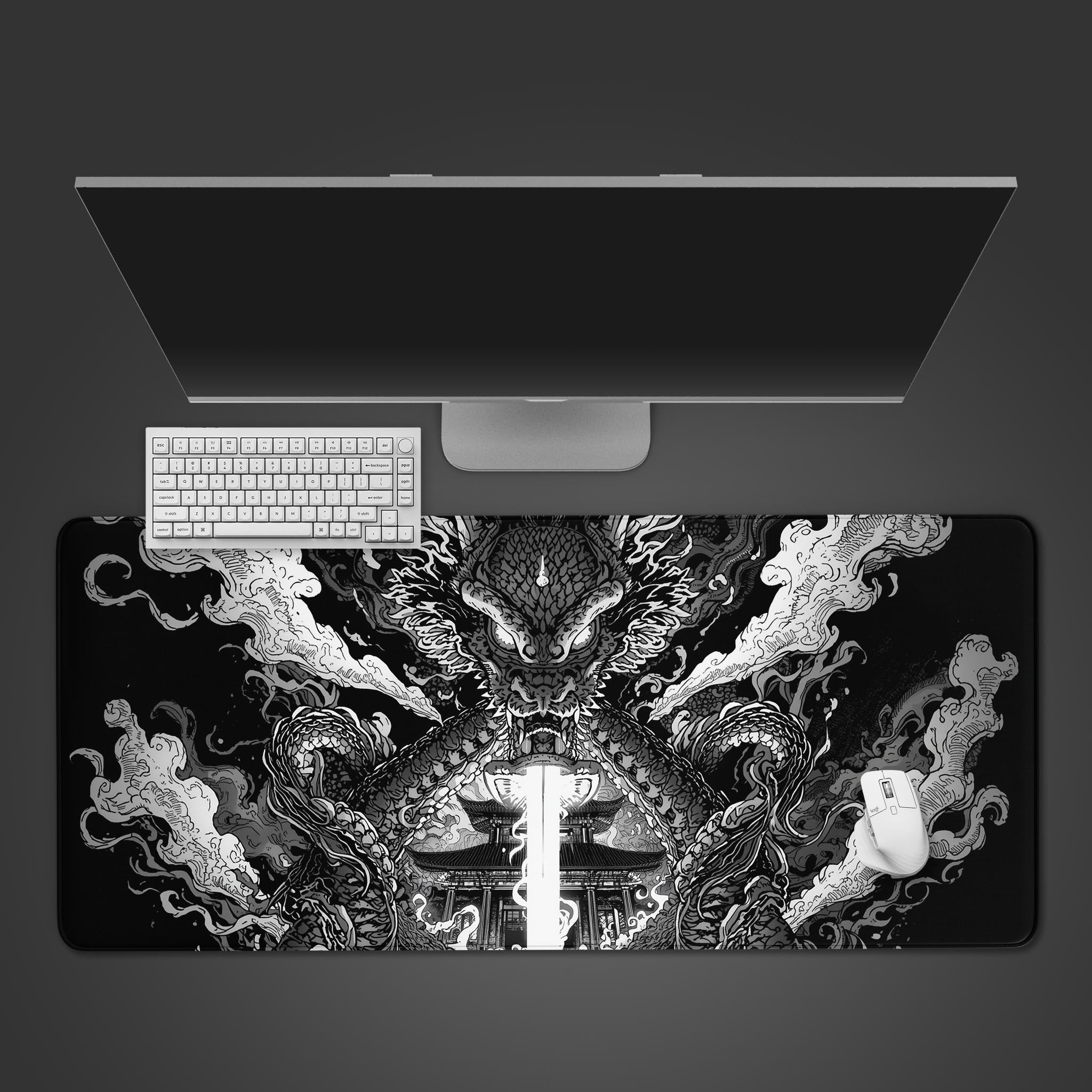 Guardian Dragon desk mat with celestial ink wash art – desktop view with a gaming keyboard and mouse. - Epic Design Pads