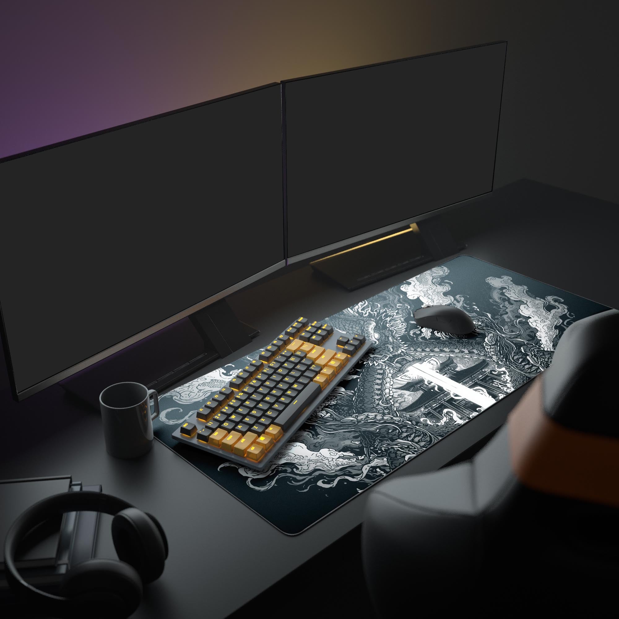 Large Guardian Dragon gaming desk mat shown in an epic gamer setup with dual monitors and mechanical keyboard. - Epic Design Pads