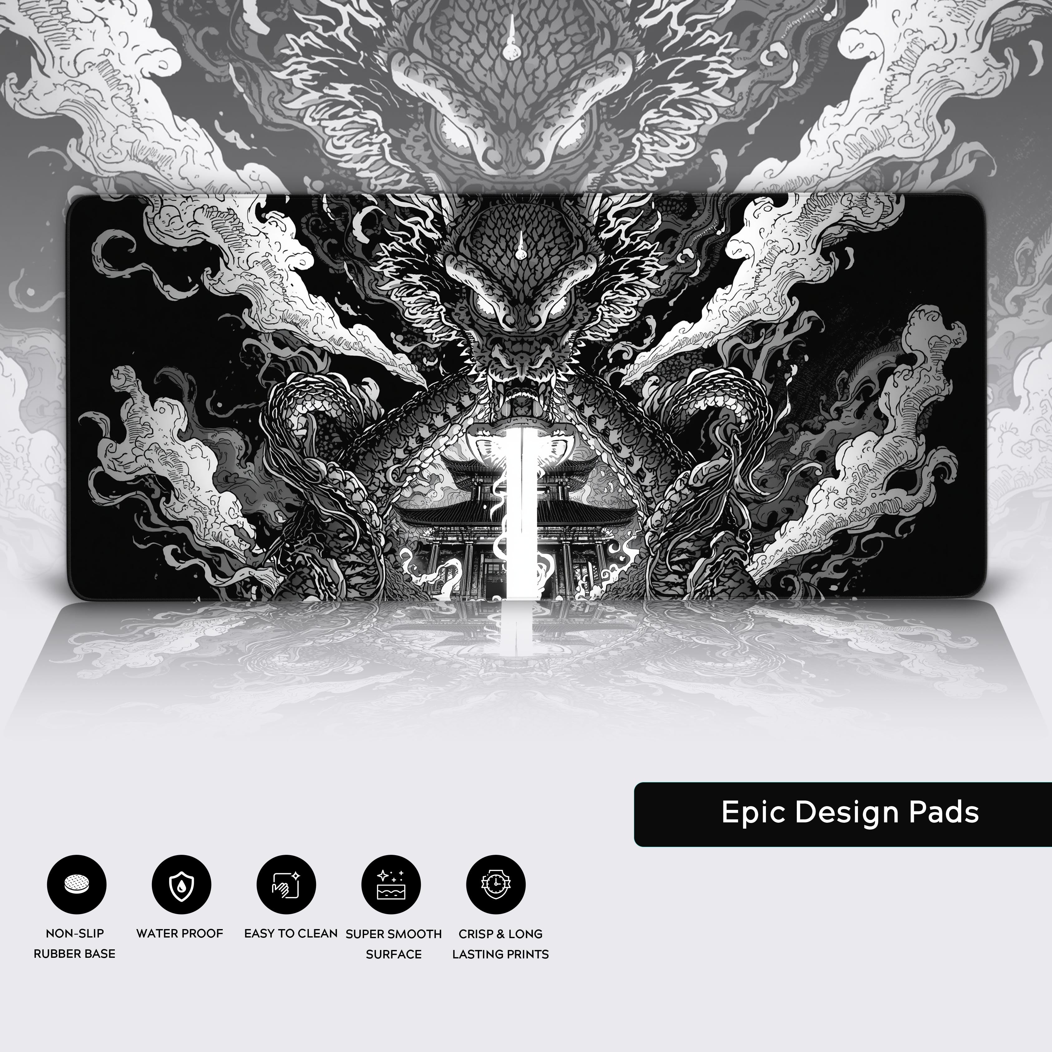 Guardian Dragon desk mat showcasing the high-quality stitched edges, waterproof surface, and non-slip rubber base. - Epic Design Pads